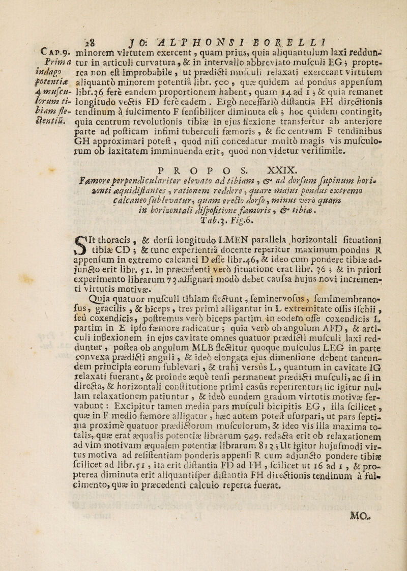 CAP.9. minorem virtutem exercent , quam prius, quia aliquantulum laxi reddun- Frima tur in articuli curvatura, Sc in intervallo abbreviato mulculi EG * propte» Indago rea non eft improbabile , ut praediCti mulculi relaxati exerceant virtutem potentia aliquanto minorem potentia libr. 5-00 9 quas quidem ad pondus appenfum 4mufcu- hbr.36 fere eandem proportionem habent, quam I4ad 1 quia remanet lorum ti- longitudo veCtis FD fere eadem . Figo necelfario diftantia FH directionis liam fle- tendinum a fulcimento F fenfibiiiter diminuta eft ^ hoc quidem contingit, Beniiuo quia centrum revolutionis tibia; in ejus flexione transfertur ab anteriore parte ad pofticam infimi tuberculi Femoris, & iic centrum F tendinibus GH approximari poteft , quod nili concedatur multo magis vis mu i culo» tum ob laxitatem imminuenda erit, quod non videtur verilimile, P R O P O S. XXIX. Femoreperpendiculariter elevato ad tibiam , & ad dorfum fupinum bori* zonti aquidijlantes , rationem reddere, quare majus pondus extremo calcaneo [ablevatur i quam eyeBo dorfo, minus vero quam in horizontali difpofitione f amor is, &* tibia. Tab'i' Fig*6* Sit thoracis, &: dorfi longitudo LMEN parallela horizontali fituationi tibias CD \ fc tunc experientia docente reperitur maximum pondus R appenfum in extremo calcanei D efle libr.46, & ideo cum pondere tibias ad¬ juncto erit libr. pi. in praecedenti vero lituatione erat libr. 56 j & in priori experimento librarum 7 3.affignari modo debet caufsa hujus novi incremen¬ ti virtutis motivae. Quia quatuor mulculi tibiam flectunt, feminervofus, femimembrano- fus, gracilis , & biceps, tres primi alligantur in L extremitate offis ifchii , feu coxendicis, poliremus vero biceps partim in eodefn ofTe coxendicis L partim in E ipfo femore radicatur * quia vero ob anguium AFD , & arti¬ culi inflexionem in ejus cavitate omnes quatuor praedicti mufculi Laxi red¬ duntur , poftea ob angulum MLB fleCtitur quoque mufculus LFG in parte convexa praediati anguli, & ideo elongata ejus dimenlione debent tantun- dem principia eorum fublevari, & trahi versus L, quantum in cavitate IG relaxati fuerant, & proinde aeque tenfi permanent praediCti mufculi,ac fi in directa, & horizontali conftitutione primi casus reperirentur, iic igitur nul¬ lam relaxationem patiuntur , & ideo eundem gradum virtutis motiva? fer- vabunt: Excipitur tamen media pars mufculi bicipitis FG , illa fcilicet , qua? in F medio femore alligatur, haec autem poteft ufurpari, ut pars fepti- ma proxime quatuor praediatorum mufculorum, & ideo vis illa maxima to¬ talis, qua? erat aequalis potentia; librarum 949. redacta erit ob relaxationem ad vim motivam aequalem potentia librarum 813'5Ut igitur hujufmodi vir¬ tus motiva ad rellftentiam ponderis appenfi R cum adjuncto pondere tibiae fcilicet ad libr.5-1 , ita erit diftantia FD ad FH , fcilicet ut 16 ad 1 , &pro- pterea diminuta erit aliquantifper diftantia FH directionis tendinum a fui* cimento,qnaj in praecedenti calculo reperta fuerat.