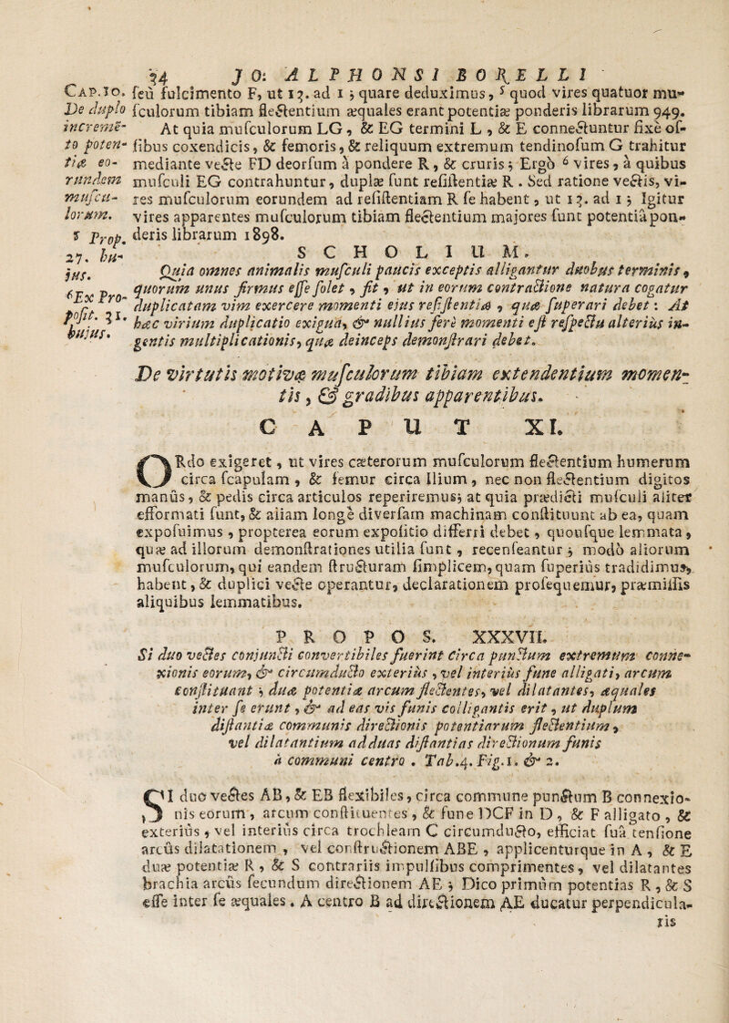 I)e dupto i ner eme¬ to poten- ti& eo- r undem mu Ceu- +* lorum, y Pr^. 27« bn« jus. c Ex Fro- fofit. 31, hujus» J 0: A L F H 0 N S 1 BOTELLI feu fulcimento F, ut 13. ad 1 5 quare deduximus,5 quod vires quahior mu- fculorum tibiam deflentium aequales erant potentia? ponderis librarum 949, At quia mufculorum LG , & EG termini L?&E connefiuntur fixe of- fibus coxendicis, & femoris reliquum extremum tendinofumG trahitur mediante ve61 e FD deorfum a pondere R, & cruris; Ergo 6 vires, a quibus mnfculi EG contrahuntur, duplas funt relidentia? R . Sed ratione vectis, vi¬ res mufculorum eorundem ad reliftentiam R fe habent, ut iq. ad 1 , Igitur vires apparentes mufculorum tibiam flectentium majores funt potentiapan* deris librarum 1898. S C H O L I U M. Quia omnes animalis mufculi paucis exceptis alligantur duobus terminis , quorum unus firmus ejfe filet, fit , ut in eorum cratraBione natura cogatur duplicatam vim exercere momenti ejus r efflent i re , quas fuperari debet: At btfC virium duplicatio exigua, & nullius fere momenti efl refpeUti alterius in¬ gentis multiplicationis, qu& deinceps demonflrari debet» De virtutis motiv® mufculorum tibiam extendentium momen- tis 5 & gradibus apparentibus. CAPUT XI. ORdo exigeret, ut vires ceterorum mufculorum deflentium humerum circa fcapulam , & femur circa ilium, nec non deflentium digitos manus, & pedis circa articulos reperiremus, at quia praxitefi mufculi alitet efformati funt, & aiiam longe diverfarn machinam conftituunt ab ea, quam expofuimus , propterea eorum expolitio differri debet, quoofque lemmata, qua? ad illorum dernondrationes utilia funt, recenfeantur j modo aliorum mufculorum, qui eandem ftrufluram fimplicem,quam fuperiiis tradidimus, habent,& duplici vefte operantur, declarationem profequemur, pramiffis aliquibus lemmatibus. P R O P O S. XXXVTL Si duo veBes conjunBi convertibiles fuerint circa punBum extremum conne¬ xionis eorum, cfi circumduBo exterius , vel interius fune alligati, arcum confli suant *> du& potenti& arcum fleBentes, vel dilatantes, aquales inter fi erunt, & ad eas vis funis colligantis erit, ut duplum diflantidt communis direBionis potentiarum fleBentium , vel dilatantium additas dfiantias direBionum funis a communi centro . Tab.4. Fig.1. & 2. SI doove5t.es AB, & EB flexibiles, circa commune punitum B connexio¬ nis eorum , arcum conftituen-tes , & fune DCF in D , & F alligato , & exterius 1 vel interius circa trochleam C circumduco, efficiat fua cenfione arcus dilatationem , vel conftriiflionem ABE , applicenturque in A , & E dua? potentia? R , &: S contrariis impubibus comprimentes, vel dilatantes brachia arcus fecundum direflionem AE * Dico primum potentias R , & S «fle Inter fe aquales. A centro B ad ducationem ducatur perpendicula-