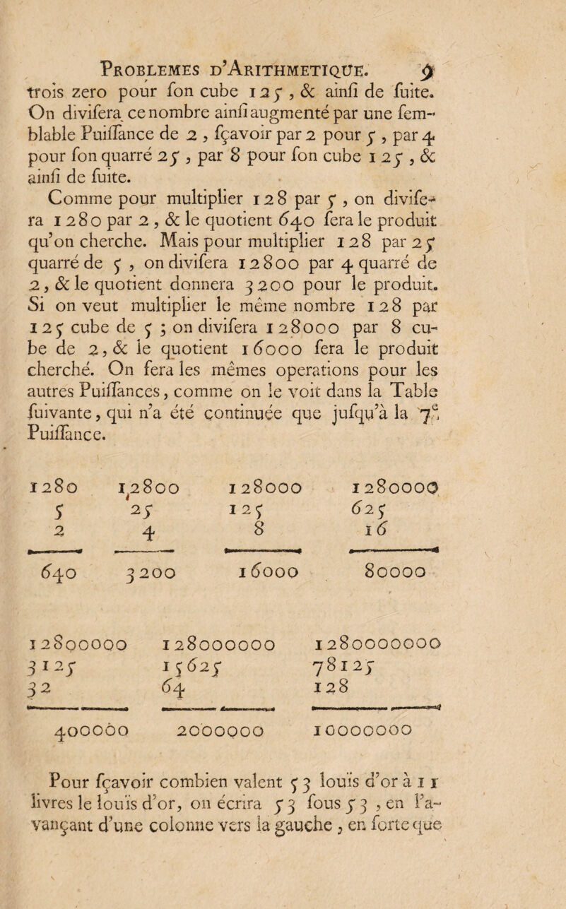 trois zéro pour fon cube i2y , Sc ainfi de fuite. On divifera ce nombre ainfi augmenté par une fem- blable Puifïànce de 2 , fçavoir par 2 pour y , par 4 pour fon quarré 2y , par 8 pour fon cube 1 2y , Sc ainfi de fuite. Comme pour multiplier 128 par y , on divife¬ ra 1280 par 2 , & le quotient 640 fera le produit quon cherche. Mais pour multiplier 128 par 2y quarré de y , on divifera 12800 par 4 quarré de 2,8c le quotient donnera 3200 pour le produit. Si on veut multiplier le même nombre 128 par 125: cube de y ; on divifera 128000 par 8 cu¬ be de 2,Sc le quotient 16000 fera le produit cherché. On fera les mêmes operations pour les autres Puiffances, comme on le voit dans la Table fuivante, qui n’a été continuée que jufqu’à la 7 e, Puifïànce. 1280 1^2800 128000 5 ^ y 12 y 24 8 I280000 62y 16 640 3200 16000 80000 7 12800000 128000000 1280000000 312J 781 2 y 3 2 64 128 4OOOÔO 2000000 10000000 Pour fçavoir combien valent y 3 louis d'or à 11 livres le louis d’or, on écrira 33 fous y 3 , en l’a¬ vançant d’une colonne vers la gauche : en forte que