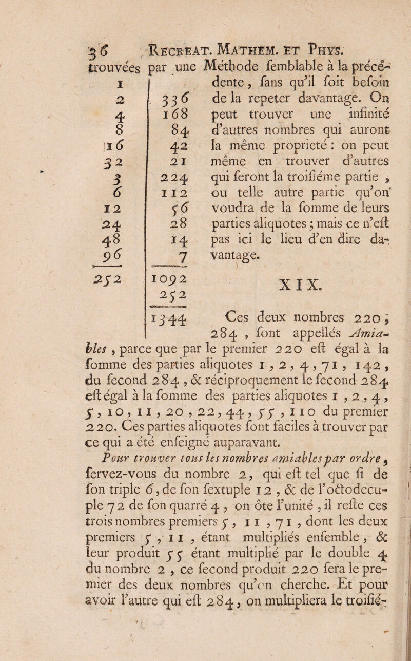 trouvées par une Méthode femblable à la précé¬ dente , fans qu’il foit befoin de la repeter davantage. On peut trouver une infinité d’autres nombres qui auront la même propriété : on peut même en trouver d’autres qui feront la troifiéme partie , ou telle autre partie qu’on voudra de la fornme de leurs parties aliquotes ; mais ce n’eft pas ici le lieu d’en dire da¬ 2 336 4 168 8 84 16 42 32 21 3 224 6 112 12 $6 24. 28 48 14 96 7 2J2 I Op 2 25*2 1344 vantage XIX. Ces deux nombres 220 y 284 , font appellés Amia¬ bles , parce que par le premier 220 eft égal à la fornme des parties aliquotes 1,2,4,71, 142, du fécond 284 , de réciproquement le fécond 284 efl: égal à la fomme des parties aliquotes 1,2,4, 5*, 10 , 11,20,22,44 , y y , 11 o du premier 220. Ces parties aliquotes font faciles à trouver par ce qui a été enfeigné auparavant. pour trouver tous les nombres amiables par ordre 3 fervez-vous du nombre 2, qui efl: tel que fi de fon triple ô, de fon fextuple 12 , de de l’oêtodecu- ple 7 2 de fon quarré 4 , on ôte l’unité , il refie ces trois nombres premiers y , 11,71, dont les deux premiers y , 11 , étant multipliés enfemble , Sc leur produit y j étant multiplié par le double 4 du nombre 2 , ce fécond produit 220 fera le pre¬ mier des deux nombres qu’on cherche. Et pour avoir l’autre qui efl: 284, on multipliera le troifié-