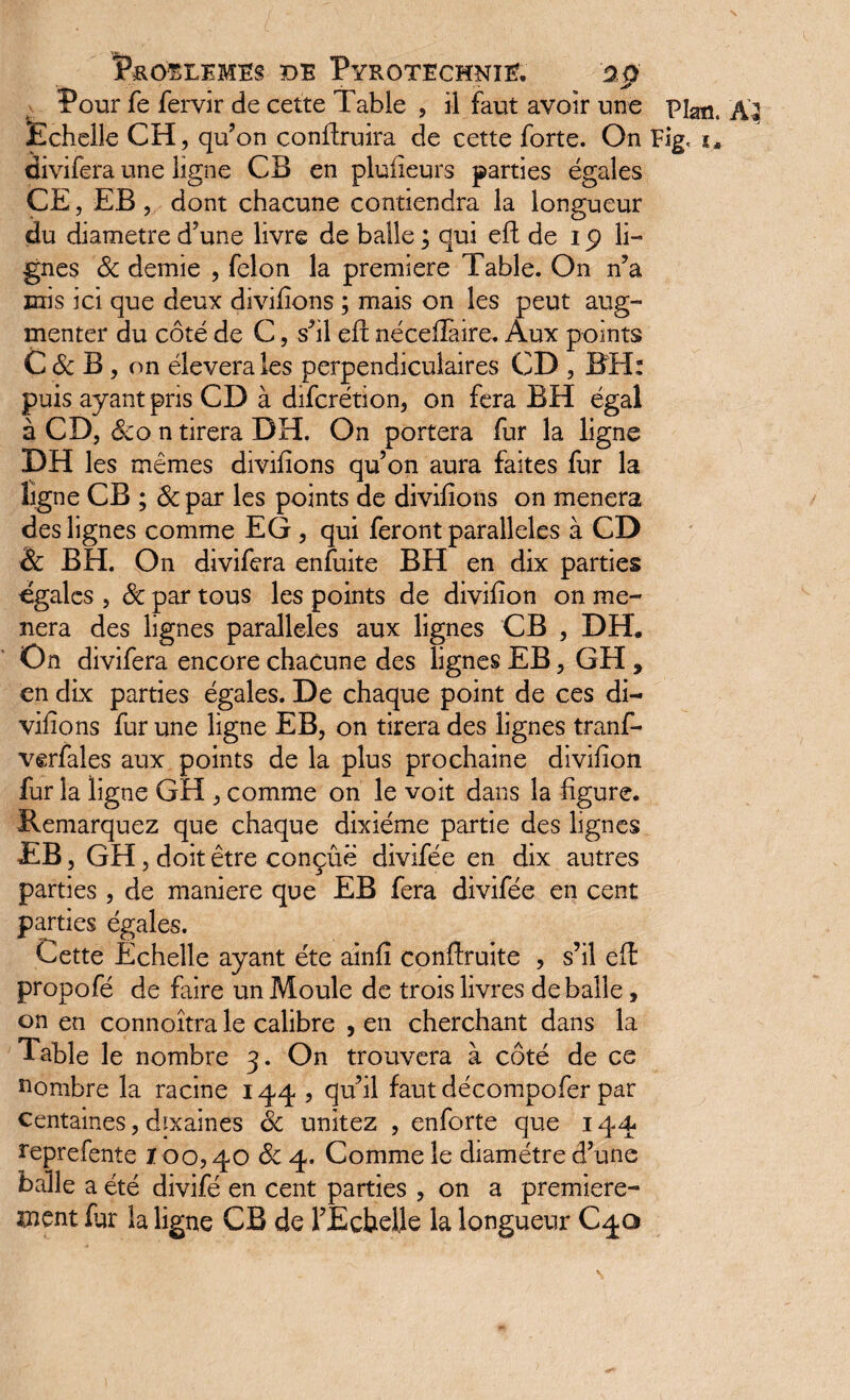 Pour fe fervir de cette Table , il faut avoir une pi^, Échelle CH, qu’on conftruira de cette forte. On Fig, i, divifera une ligne CB en plufieurs parties égales CE, EB , dont chacune contiendra la longueur du diamètre d’une livre de balle ; qui eft de i p li¬ gnes & demie , félon la première Table. On n’a mis ici que deux divifions ; mais on les peut aug¬ menter du côté de C, s’il efh néceiïaire. Aux points C&B, on éleverales perpendiculaires CD , BH; puis ayant pris CD à difcrétion, on fera BH égal à CD, &o n tirera DH. On portera fur la ligne DH les mêmes divifions qu’on aura faites fur la ligne CB ; &par les points de divifions on mènera des lignes comme EG, qui feront parallèles à CD & BH. On divifera enfuite BH en dix parties égales , ôc par tous les points de divifion on mè¬ nera des lignes parallèles aux lignes CB , DH. On divifera encore chacune des lignes EB, GH , en dix parties égales. De chaque point de ces di¬ vifions fur une ligne EB, on tirera des lignes tranf- verfales aux points de la plus prochaine divifion fur la ligne GH , comme on le voit dans la figure. Remarquez que chaque dixiéme partie des lignes EB, GH, doit être conçue divifée en dix autres parties , de maniéré que EB fera divifée en cent parties égales. Cette Echelle ayant été ainfi conflruite , s’il eft propofé de faire un Moule de trois livres déballé, on en connoîtra le calibre , en cherchant dans la Table le nombre 3. On trouvera à côté de ce nombre la racine 144 , qu’il faut décompofer par Centaines, dïxaines & unitez , enforte que 144 reprefente 100,40 & 4. Comme le diamètre d’une balle a été divifé en cent parties , on a première¬ ment fur la ligne CB de l’Echelle la longueur C40