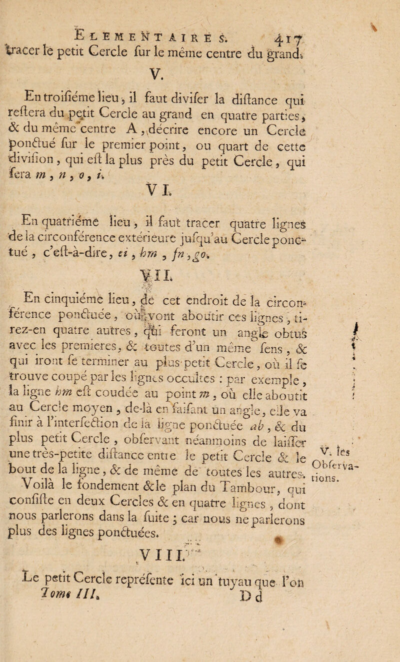 tracer le petit Cercle fur le même centre du grand* V. En troifiéme lieu , il faut dtvi/er la didance qui refiera du petit Cercle au grand en quatre parties * Ôc du même centre A, décrire encore un Cercle ponêiué fur le premier point, ou quart de cette divilion , qui ed la plus près du petit Cercle , qui fera m , n , 0 * u VI, En quatrième lieu, il faut tracer quatre lignes delà circonférence extérieure jufqu au Cercleponc^ tué , c’ed-à-dire, si , hrn , fn ^ En cinquième lieu ., de cet endroit de la circom férence ponduée, oiivont aboutir ces lignes , ti¬ rez-en quatre autres , qflii feront un angle obtus avec les premières, & toutes d'un même fens , & qui iront fe terminer au plus-petit Cercle, où il fe trouve coupé par les lignes occultes : par exemple , la ligne h?n ed coudee au point m, où elle aboutit au Gerce moyen , de-là en faifant un angle, elle va finir à Imterfedion de la ligne ponduée ab , & du plus petit Cercle , obfervant néanmoins de lailTer une très-petite didance entre le petit Cercle Sc îe bout de la ligne, êc de même de toutes les autres. Voilà le fondement &le plan du Tambour, qui confide en deux Cercles Sc en quatre lignes 3 dont nous parlerons dans la fuite ; car nous ne parlerons plus des lignes ponduées* VII ip it Le petit Cercle repréfente ici un tuyau que l’on 7om«lH, l>d