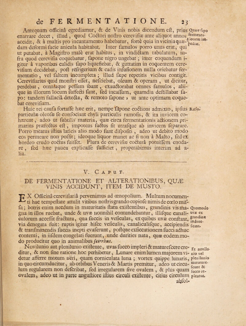 Antequam officina egrediamur, & de Vinis nobis dicendum eft, prius Quare fap© enarrare decet, illud , quod Codori noftro cerevifiae ante aliquot annos fermenta' accidit, & a multis pro incantamento habebatur, forte quia in vicinia qiix-^edui dam deformi facie anicula habitabat. Inter famulos porro unus erat, qui ut putabat, a Magiftro male erat habitus, in vindidam tabulatum, in¬ fra quod cerevifia coquebaturfapone nigro ungebat; inter coquendum i- gitur a vaporibus calidis fapo liquefiebat, & guttatim in coquentem cere- vifiam decidebat, pofl refrigerium & cadis infufionem nulla oriebatur fer- mentatio , vel faltem incompleta ; illud faspe repetitis vicibus contigit. Cerevifiarius quid monftri effet, nefciebat, oleum & operam , ut dicitur, perdebat, omnfaque pefliim ibant, exaudorabat omnes famulos , alii¬ que in illorum locum fuffedi fant, fed incaffiim, quamdiu deflillabat fa¬ po: tandem fallacia deteda, & remoto fapone j ut ante optimam coque¬ bat cerevifiam.. Huic rei caufa fortafle hasc erit, nempe fapone codioni admixto, ipfius Ratio»- particulae oleofas fe confociant chyli particulis ramoiis, & ita invicem co¬ haerent , adeo ut fubtilis' materia, quae circa fermentationis adionem pri¬ marius praefedus eft, impotens fadus fit utrafque ab invicem feparare. Porro meatus iftius laticis alio modo funt difpofiti , adeo ut debito modo eos permeare non poffit; ideoque liquor manet ac fi non a Malto, fed ex hordeo crudo codus fniffet. Plura de cerevifiae codura potuiffem enoda¬ re , fed haec pauca explicaffe fufficiet , properabimus interim ad a- lia.. V. C A P 11 T. DE FERMENT ATIONE ET ALTER ATIONIBUS, QXJJE VINIS ACCIDUNT, ITEM DE MUSTO.. TD X Officina cerevifiaria pervenimus ad oenopolium. Multum nocumen- ti hac tempeflate attulit vitibus noftris grando copiofe nimis de coelo mif- fa; botris enim necdum in maturitatis flatu exiflentibus, grandinis vis ma- Quomodo gna in illos ruebat, unde & uvae nonnihil contundebantur, illifque canali- uvx ex culorum acceffit fradura, qua fuccis in veficulas, ex quibus uvae conflant, fnd^ne via denegata fuit: ruptis igitur hifce veficulis, canaliculifque, accipiendis fcant. & tranfmittendis fuccis inepti evaferunt, poilque exficcationem fucci adhuc contenti, in iifdem congelati fuerunt, unde durities nata, quae eodem mo¬ do producitur quo in animalibus fsirrhus. Novilunio aut plenilunio exiflente, uvas fucco impleri & maturefcere cre- Et noviIu= ditur, & non fine ratione hoc perhibetur, Lunare enim lumen majorem vi- nro vel detur afferre motum aeri, quam corniculata luna ; vortex quippe, lunaris, plenilunio in quo circumducitur, ab orbibus Veneris & Martis premitur, adeo ut circu- lum regularem non defcribat, fed irregularem five ovalem , & plus quam fuccore- ovalem3 adeo ut in parte angufliore iftius circuli exiflente, citius circulum pientus. abfol-