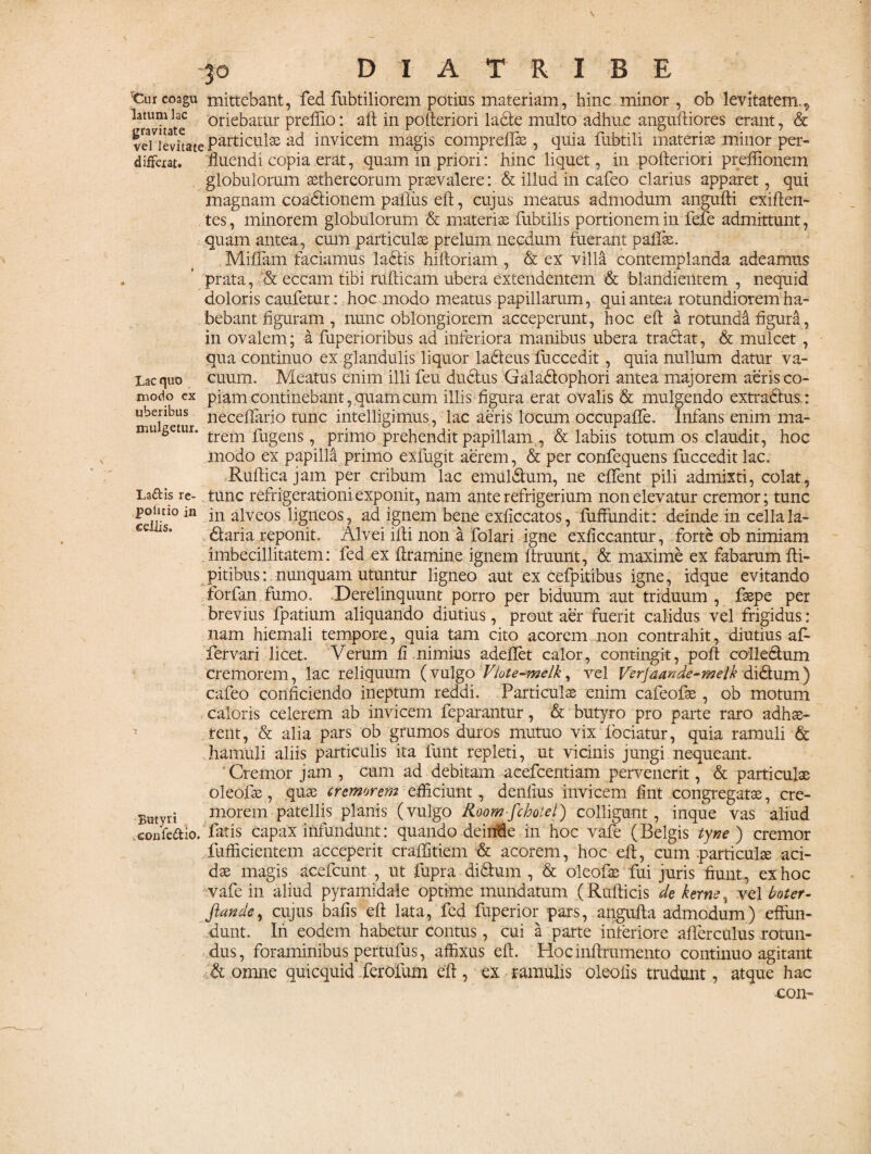 'Cur coagu mittebant, fed fubtiliorem potius materiam, hinc minor, ob levitatem., latum lac oriebatur preffio: aft in pofteriori ladle multo adhuc anguftiores erant, & vcUeviwte particulse ad invicem magis compreflas , quia fubtili materiae minor per- differat. fluendi copia erat, quam in priori: hinc liquet, in polteriori preifionem globulorum sethereorum praevalere: & illud in cafeo clarius apparet, qui magnam coadtionem palliis eft, cujus meatus admodum angufti exiften- tes, minorem globulorum & materiae fubtilis portionem in fefe admittunt, quam antea, cum particulae prelum necdum fuerant palfae. Miffam faciamus laciis hiltoriam , & ex villa contemplanda adeamus prata, & eccam tibi rulticam ubera extendentem & blandieiltem , nequid doloris caufetur: hoc modo meatus papillarum, qui antea rotundiorem ha¬ bebant figuram , nunc oblongiorem acceperunt, hoc eft a rotunda figura, in ovalem; a fuperioribus ad inferiora manibus ubera tradlat, & mulcet , qua continuo ex glandulis liquor ladleus fuccedit, quia nullum datur va- Lacquo cuum. Meatus enim illi feu ductus Galadlophori antea majorem aeris co- modo ex piam continebant, quam cum illis figura erat ovalis & mulgendo extradlus.: uberibus neceflario tunc intelligimus, lac aeris locum occupaflfe. Infans enim ma- mugetur. trem fUgens ? primo prehendit papillam , & labiis totum os claudit, hoc modo ex papilla primo exfugit aerem, & per confequens fuccedit lac. Ruftica jam per cribum lac emuldlum, ne edent pili admixti, colat, Laftis re- tunc refrigerationi exponit, nam ante refrigerium non elevatur cremor; tunc P°‘UI° in in alveos ligneos, ad ignem bene exficcatos, diffundit: deinde in cella la- dtaria reponit. Alvei illi non a folari igne exficcantur, forte ob nimiam imbecillitatem: fed ex ftramine ignem ftruunt, & maxime ex fabarum fti- pitibus: nunquam utuntur ligneo aut ex cefpitibus igne, idque evitando forfan fumo. Derelinquunt porro per biduum aut triduum , faspe per brevius fpatium aliquando diutius, prout aer fuerit calidus vel frigidus : nam hiemali tempore, quia tam cito acorem non contrahit, diutius af- fervari licet. Verum fi nimius adeflet calor, contingit, poft coiie&um cremorem, lac reliquum (vulgo Vlute-melk, vel Verjaande-melk didtum) cafeo conficiendo ineptum reddi. Particulas enim cafeofas , ob motum caloris celerem ab invicem feparantur, & butyro pro parte raro adhae¬ rent, & alia pars ob grumos duros mutuo vix fbciatur, quia ramuli & hamuli aliis particulis ita funt repleti, ut vicinis jungi nequeant. Cremor jam , cum ad debitam acefcentiam pervenerit, & particulae oleofte, quae cremorem efficiunt, denfius invicem fint congregatae, cre- Bmyri morem patellis planis (vulgo Room-fchotel) colligunt, inque vas aliud confedio. fatis capax infundunt: quando deinde in hoc vale (Belgis tyne ) cremor fnfficientem acceperit craftitiem & acorem, hoc eft, cum .particulae aci¬ dae magis acefcunt , ut fupra didlum , & oleofae fui juris fiunt, ex hoc vafe in aliud pyramidale optime mundatum (Rufticis de kerne, vel boter- ftcmde, cujus bafis eft lata, fed fuperior pars, angufta admodum) effun¬ dunt. In eodem habetur contus, cui a parte inferiore afferculus rotun¬ dus, foraminibus pertufus, affixus eft. Hocmftrumento continuo agitant A omne quicquid ferolum eft, ex ramulis oleofis trudunt, atque hac con-
