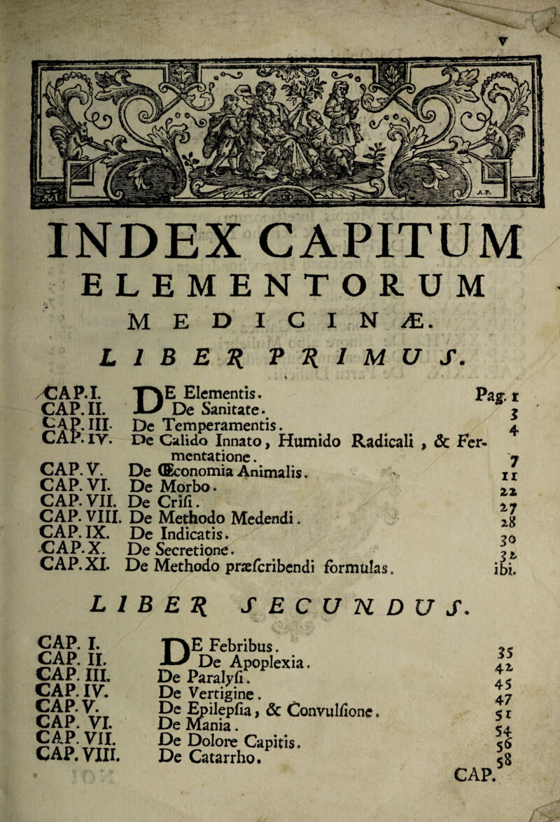 INDEX CAPITUM ELEMENTORUM M E D I C I N M. LIBER PRIMUS. \ ' • •' ‘ /CAP.I. CAP. II. SAP:#: CAP. V. CAP. VI. CAP. VII. CAP. VIII. CAP. IX. -CAP. X. CAP. XI. DE Elementis. De Sanitate. De Temperamentis. De Calido Innato, Humido Radicali , & Fer- mentatione. De (Economia Animalis. De Morbo. De Crifi. De Methodo Medendi. De Indicatis. De Secretione. De Methodo prxfcribendi formulas. Pag-, r 3 7 ii xx 17 28 30 3t ibi. LIBER SECUKDUS. CAP. 1. CAP. II. CAP. III. CAP. IV. CAP. V. CAP. VI. CAP. VII. CAP. VIII. DE Febribus. De Apoplexia. De Paralyfi. De Vertigine. De Epilt jpfia, & Convulfione 9 De Mania. De Dolone Capitis. De Catarrho.