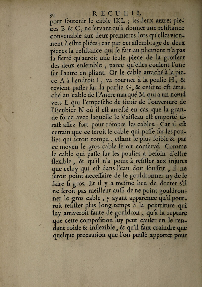 pour foutenir le cable IKL ; les deux autres piè¬ ces B & C, nefervantqua donner une refiftance convenable aux deux premières lors quelles vien¬ nent àeftre pliées: car par cet aflèmblage de deux pièces la refiftance qui fe fait au pliement n’a pas la fierté qu’auroic une lèule piece de la grofieur des deux enfemble , parce qu elles coulent l’une fur l’autre en pliant. Or le cable attaché à la pie¬ ce A à l’endroit I, va tourner à la poulie H, & revient palfer fur la poulie G, & enluite eft atta¬ ché au cable de l’Ancre marqué M qui a un nœud vers L qui l’empelche de fortir de l’ouverture de l’Ecubier N où il eft arrefté en cas que la gran¬ de force avec laquelle le Vaiflèau eft emporté ,ti- raft aflfez fort pour rompre les cables. Car il eft certain que ce feroitle cable qui paffe fur les pou¬ lies qui lèroit rompu , eftant le plus foible & par ce moyen le gros cable feroit conlèrvé. Comme le cable qui pafte fur les poulies a beloin d’eftre flexible, & qu’il n’a point à refifter aux injures que celuy qui eft dans l’eau doit foufffir , il ne lèroit point neceflaire de le gouldronner ny de le faire fi gros. Et il y a mefme lieu de douter s’il ne lèroit pas meilleur aufli de ne point gouldron¬ ner le gros cable, y ayant apparence qu’il pour- roit refifter plus long-temps à la pourriture qui luy arriveroit faute de gouldron , qu’à la rupture que cette compofition luy peut cauler en le ren¬ dant roide & inflexible, & qu’il faut craindre que quelque précaution que l’on puilïè apporter pour