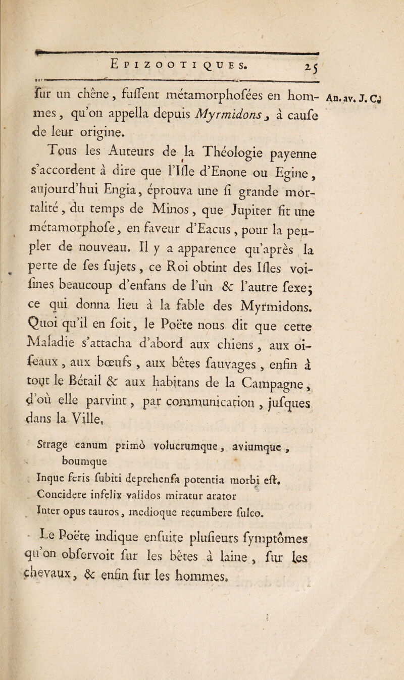 *5 m 0 f ' . ' r,f *  .. — ■ - ■■ - Il mm, w fur un chêne 3 fullent métamorphofées en hom- An. av« Ja c* mes 3 qu’on appella depuis Myrmidons j à caufe de leur origine. Tous les Auteurs de ^la Théologie payenne s’accordent à dire que Tille d’Enone ou Egine 5 aujourd’hui Engia, éprouva une li grande mor¬ talité , du temps de Minos, que Jupiter lit une métamorphofe 5 en faveur d’Eacus, pour la peu¬ pler de nouveau. Il y a apparence qu’après la perte de fes fujets 5 ce Roi obtint des Mes voi- iines beaucoup d’enfans de l’un 8c l’autre fexe; ce qui donna lieu a la fable des Myrmidons. Quoi qu’il en foit, le Pocte nous dit que cette Maladie s attacha d abord aux chiens ? aux oi- feaux, aux bœufs 9 aux bêtes fauvages 5 enfin a toijt le Bétail 8c aux habitans de la Campagne * d ou elle parvint ? par communication 5 jufques dans la Ville, Strage camim primo volucrumque 9 aviumquc * boumque Inque feris fubiti deprehenfa potentia morbi eft* Concidçre infelix validas miratur arator Inter opus tauros 3 medioque reçumbere fulco. Le Poète indique enfuite pluheurs fymptômes qu on obfervoit fur les bêtes a laine 5 fur les