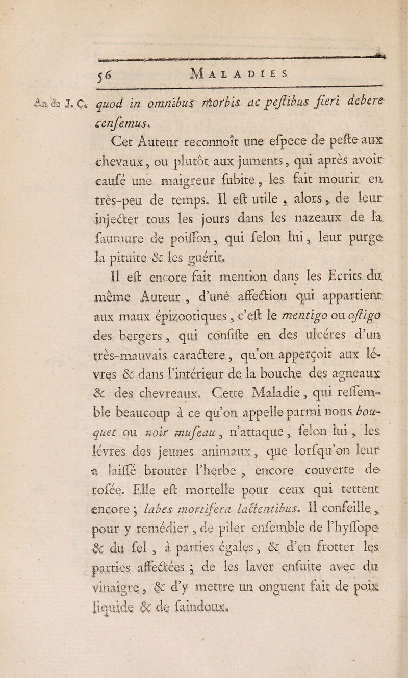 Âa;: cfg J» C* quod in omnibus rfiorbis <xc pejïïbus fieri debere cenfemusy Cet Auteur reconnoît une efpece de pefte aux chevaux, ou plutôt aux juments, qui après avoir caufé une maigreur fubite, les fait mourir eu très-peu de temps* II eft utile 3 alors * de leur injecter tous les jours dans les nazeaux de la. faumure de poiifon, qui félon lui, leur purge la pituite 3c les guérit, il eft encore fait mention dans les Ecrits dit meme Auteur , d’uné affecftion qui appartient aux maux épizootiques, c’eft le mentigo onojligo des bergers, qui conftfte en des ulcères d’un très-mauvais caraélere, qu’on apperçoit aux lè¬ vres 3c dans f intérieur de la bouche des agneaux & des chevreaux. Cette Maladie, qui relie râ¬ ble beaucoup à ce qu’on, appelle parmi nous bou¬ quet ou noir mu f eau , n attaque , félon lui > les lèvres des jeunes animaux, que lorfqu’on leur a laiffé brouter l’herbe , encore couverte dé¬ robée. Elle eft mortelle pour ceux qui tettent encore j labes mortijera laclendbus. il confeille y pour y remédier , de piler enfemble de Fhyflope 3ç du fel , a parties égales, & d’en frotter les. parties afte&ées j de les laver eniuite av ec du vinaigre ? & d’y mettre un onguent fait de poix liquide &C de faindoux*