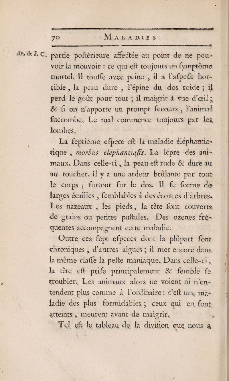 Mai a xx i e s Aa. de J, q, partie poftérieiire affeétée au point de ne pou¬ voir la mouvoir ? ce qui eft toujours un fymptôme mortel* 11 tonlfe avec peine 5 il a l’afpeéfe hor¬ rible 5 la peau dure % F épine du, dos roide ; il perd le goût pour tout y il maigrit à vue d’œil 8c fi on ii apporte un prompt fe cours 5 Fanimal fiiccombe,. Le mal commence toujours par les, lombes* La feptiemè efpece eft la maladie éléphantia- tique 5 morbus: elephantiajlsLa lèpre des ani¬ maux» Dans celle-ci 5 la peau eft rude 8c dure au au toucher» Il y a une ardeur brûlante par tout le corps 3 furtout fur le dos. Il fe forme de larg es écailles 5 femblables a des écorces d’arbres». Les nazeaux 3 les pieds 5 la tête font couverts: fie grains ou petites puftules. Des ozones fré--- quentes accompagnent cette maladie.. Outre ces fept efpçces dont la plupart font chroniques ? d’autres aigues y il met encore dans, la même clafie la pefte maniaque.. Dans celle-ci, la tête eft prife principalement 8c femble fe troubler» Les animaux alors ne voient ni a en¬ tendent plus comme à l’ordinaire : c’eft une ma¬ ladie des plus formidables, ; ceux qui en font atteints 3 meurent avant de maigrir». Tel eft le tableau de la divifion quç nous 4 /