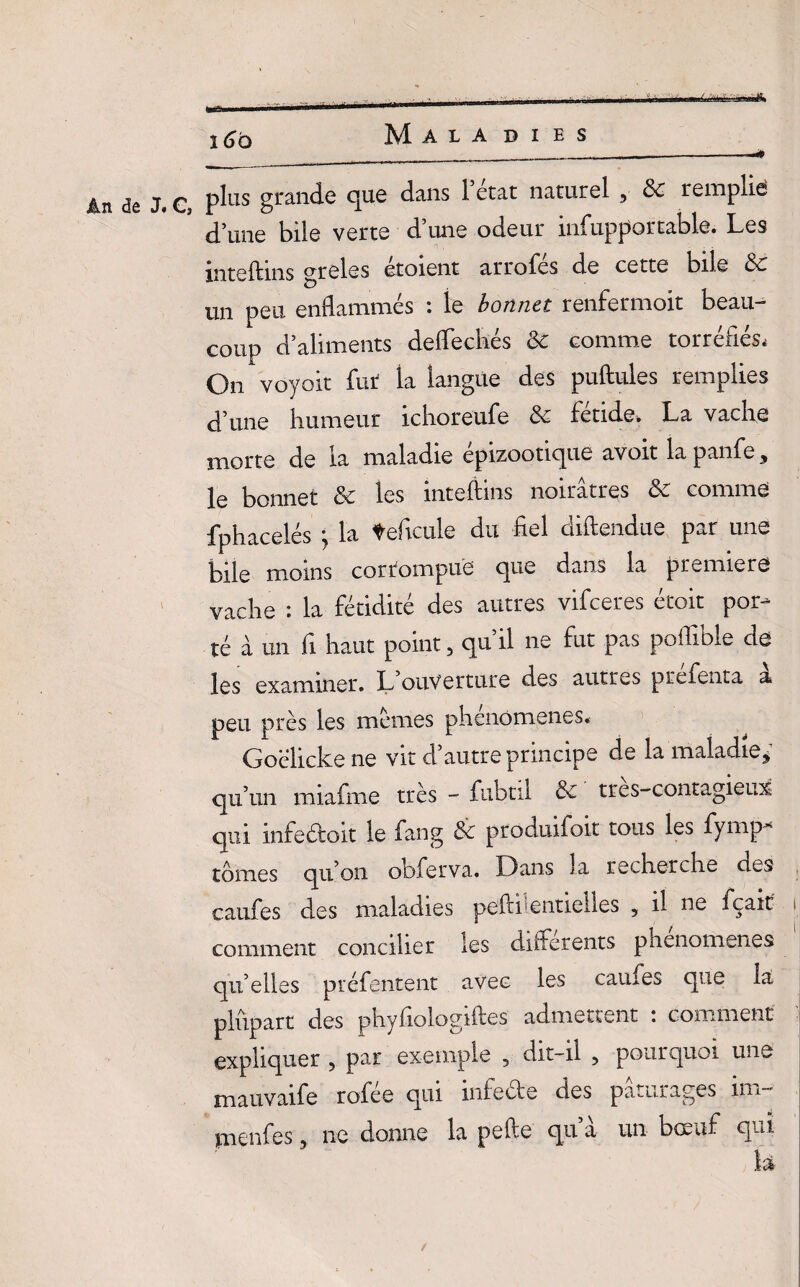 -, - • - ~ y 1 - ■ ■« ,r ,, ..1-^ i6b Maladies _____...___—* plus grande que dans 1 état naturel , de remplie d’une bile verte d’une odeur infupportable. Les inteftms greles etoient arrofcs de cette bile de un peu enflammés : le bonnet renfermoit beau¬ coup d’aliments deflechés de comme torréfiés, On voyoit fur la langue des pullules remplies d’une humeur ichoreufe de fétide, La vache morte de la maladie épizootique avoit la panfe, le bonnet de les inteftins noirâtres de comme fphacelés ; la teficule du fiel diftendue par une bile moins cortompue que dans la premiers vache : la fétidité des autres vifeeres étoit por¬ té à un fi haut point 5 qu’il ne fut pas poflible de les examiner. L ouverture des autres prefenta a peu près les memes phenomenes. Goelicke ne vit d’autre principe de la maladie; qu’un miafme très - fubtil de tres-contagieuxi qui infeéloit le fang de produifoit tous les fympx tomes qu’on obferva. Dans la recherche des caufes des maladies peftfentielles , il ne fçait comment concilier les differents phenomenes qu’elles préfentent avec les caufes que la plupart des phyfiologiftes admettent : comment expliquer , par exemple , dit-il , pourquoi une mauvaife rofee qui infecte des pâturages im- ynenfes, ne donne la pefte qu à un boeuf qui