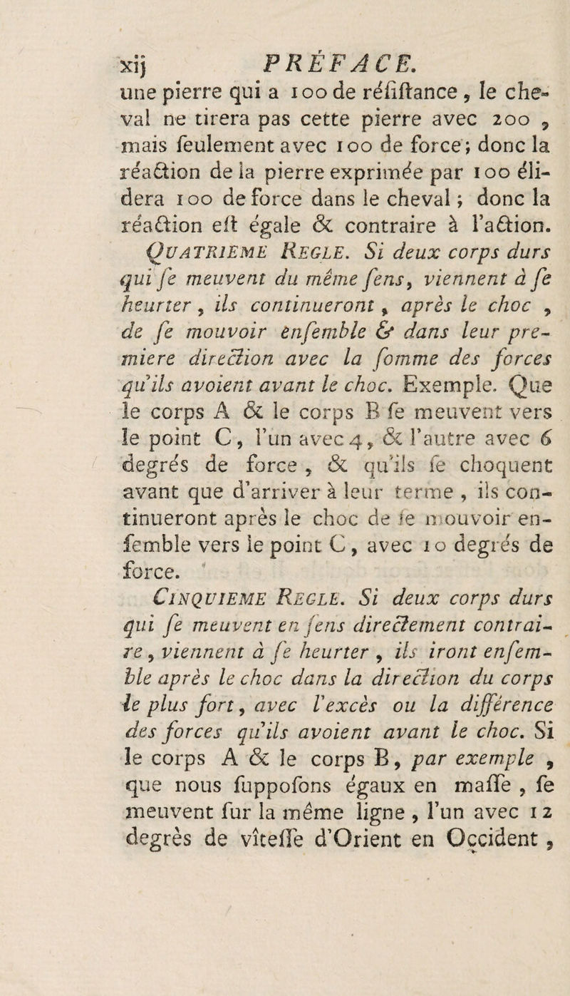 une pierre qui a ioo de réfiftance , le che» val ne tirera pas cette pierre avec 200 ? niais feulement avec 100 de force; donc la miction delà pierre exprimée par 100 éli- dera ïoo de force dans le cheval ; donc la réaftion eft égale &amp; contraire à l’adtion. Quatrième Réglé, Si deux corps durs qui je meuvent du même fens, viennent à fe heurter, ils continueront % après le choc , de fe mouvoir enfemble &amp; dans leur pre¬ mière direction avec la fomme des forces quils avoient avant le choc. Exemple. Que le corps A &amp; le corps B fe meuvent vers le point C, l’un avec 4, &amp; l’autre avec 6 degrés de force * &amp; qu'ils fe choquent avant que d’arriver à leur terme , ils con¬ tinueront après le choc de le n ouvoir en¬ femble vers le point C , avec 10 degrés de force. Cinquième Réglé. Si deux corps durs qui fe meuvent en jens directement contrai¬ re , viennent à fe heurter , ils iront enfem¬ ble après le choc dans la direction du corps le plus fort, avec Vexcès ou la différence des forces quils avoient avant le choc. Si le corps A &amp; le corps B, par exemple , que nous fuppofons égaux en malle ? fe meuvent fur la même ligne , l’un avec 1 2 degrés de vite fié d’Orient en Occident,