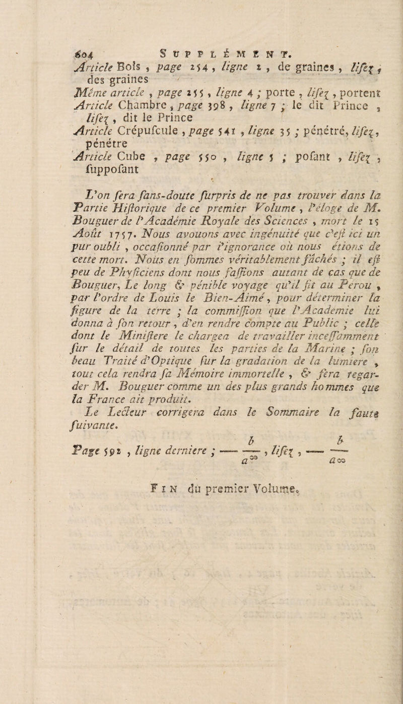 éo4 Supplément. Anic/e Bois , page 254 , ligne 1 , de graines , lifti f des graines Même article , 255 » 4 ; porte , Ufii, portent Article Chambre , 398 , ligne 7 ; le dit Prince , lifei , dit le Prince Article Crépufcule , page 54? ? //£#* 35 ; pénétré, lifeç, pénétre Article Cube , page 550 , ligne 5 ; pofant , lifti , fuppofant L'on fera farts-doute furpris de ne pas trouver dans la Partie Hifloriçue de ce premier Volume , Péloge de M. Bouguer de P Académie Royale des Sciences > mort le 15 Août 1757. Nous avouons avec ingénuité que défi ici un pur oubli , occafionné par P ignorance oit nous étions de cette mort. Nous en forâmes véritablement fâchés ; il efè peu de Phyfîciens dont nous fajjions autant de cas que de Bouguer, Le long & pénible voyage quLl fit au Pérou , par l'ordre de Louis le Bien-Aimé, pour déterminer la figure de la terre ; la commijjîon que VAcademie lui donna à fion retour , d'en rendre compte au Public ; celle dont le Minifiere le chargea de travailler incejfamment fur le détail de toutes les parties de la Marine ; fon beau Traité cl Optique fur la gradation delà lumière » tout cela rendra fa Mémoire immortelle , & fera regar¬ der M. Bouguer comme un des plus grands ho trimes que la France ait produit. Le Lecteur corrigera dans le Sommaire la fauté fuivante. b h- T âge 592 , ligne derniere ; — , lifti 5 — a 53 ûoo Fin du premier Volume» <