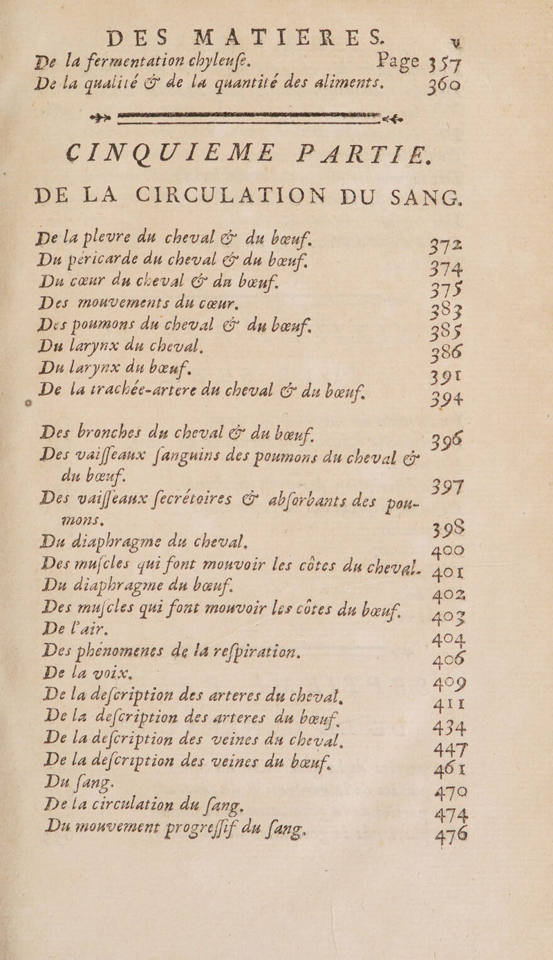 D'ESUM AFP LERES v De la fermentation chyleuf. Page 357 De la quaiiié © de la quantité des aliments. 360 CINQUIEME PARTIE. DE LA CIRCULATION DU SANG. De la pleure du cheval &amp; du bœuf. 2 Du péricarde du cheval &amp; du bœuf. si 4 Du cœur du cheval € da bœuf. 375 Des mouvements du cœur. 383 Des poumons du cheval © du bœuf. 538$ Du larynx du cheval. 336 Du larynx du bœuf. 391 De la irachée-artere du cheval &amp; du bœuf. 394 o *‘ Des bronches du cheval € du bœuf. 296 Des vaifleanx [anguins des poumons du cheval &amp; du bœnf. | 397 Des vaifleanx [ecrétoires © abforbants des pou mons, | 398 Du diaphragme du cheval, | 400 Des mufcles qui font mouvoir les côtes du cheval. 4OI Du diaphragme du bœuf. 402 Des mujcles qui font mouvoir lis côses du bœuf. 403 De l'air. 404. Des phenomenes de la refbiration. 406 De la voix, 409 De la defcription des arteres du cheval, ait De la defcription des arteres du bœuf. 434 De la defcription des veines ds cheval. 447 De la déjcription des veines du bœuf. 461 Du fans. 470 De La circulation du [ang. 474 Du mouvement progrefif C7 fe ang. 476