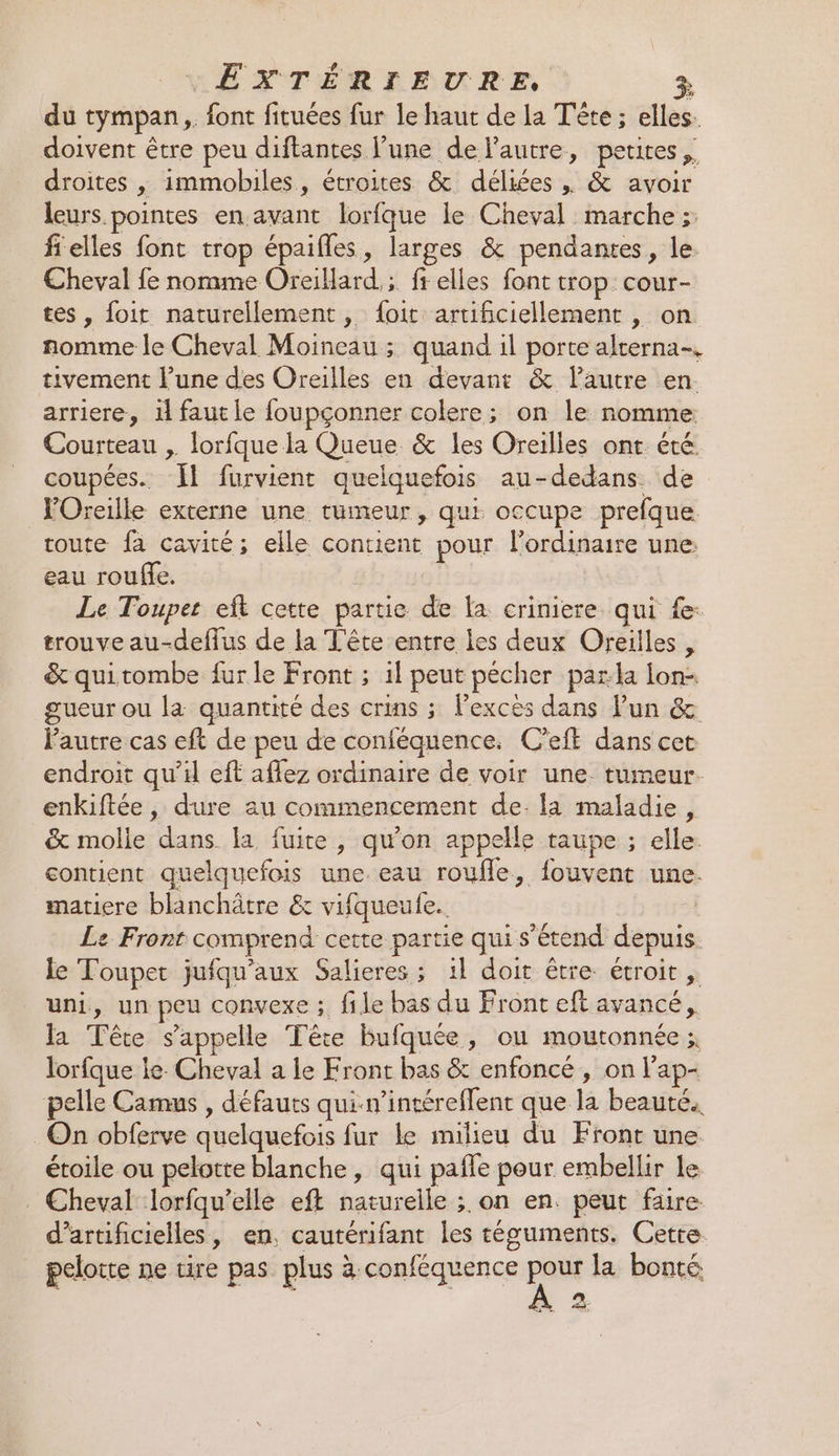 EXTÉRIEURE > du tympan. font fituées fur le haut de La Tête ; elles. doivent être peu diftantes lune de l'autre, petites, droites , immobiles, étroites &amp; déliées | &amp; avoir leurs pointes en avant lorfque le Cheval marche ; fielles font trop épaifles, larges &amp; pendantes, le. Cheval fe nomme Oreillard.; fr elles font trop cour- tes, foit naturellement, f{oit artificiellement , on nomme le Cheval Moineau ; quand il porte alterna-, tivement l’une des Oreilles en devant &amp; autre en. arriere, 11 faut le foupçonner colere; on le nomme Courteau , lorfque la Queue &amp; les Oreilles ont. été coupées. Îl furvient quelquefois au-dedans de Oreille externe une tumeur, qui occupe prefque toute fa cavité; elle contient pour ordinaire une: eau rouffe. Le Toupet eft cette partie de la criniere qui fe: trouve au-deffus de la T'ête entre les deux Oreilles, &amp; quitombe fur le Front ; 1l peut pécher par:la lon- gueur ou la quantité des crins ; lexcés dans Pun &amp; l'autre cas eft de peu de conféquence. C'eit dans cet endroit qu'il eft aflez ordinaire de voir une. tumeur. enkiftée, dure au commencement de. la maladie, &amp; molle dans la fuite, qu'on appelle taupe ; elle. contient quelquefois une eau roufle, fouvent une. matiere blanchâtre &amp; vifqueufe.. Le Front comprend cette partie qui s'étend depuis le Toupet jufqu'aux Salieres ; 1l doit être. étroit ,. uni, un peu convexe ; file bas du Front eft avancé, la Tête s'appelle Tête bufquée, ou moutonnée ; lorfque le. Cheval a le Front bas &amp; enfoncé , on l'ap- pelle Camus , défauts qui-n’intéreffent que la beauté. On obferve quelquefois fur Le milieu du Front une étoile ou pelotte blanche, qui pafle pour embellir le Cheval lorfqu’elle eft naturelle ;. on en. peut faire d’artificielles, en. cautérifant les técuments. Cette pelotte ne tire pas plus à conféquence pour la bonté 2]