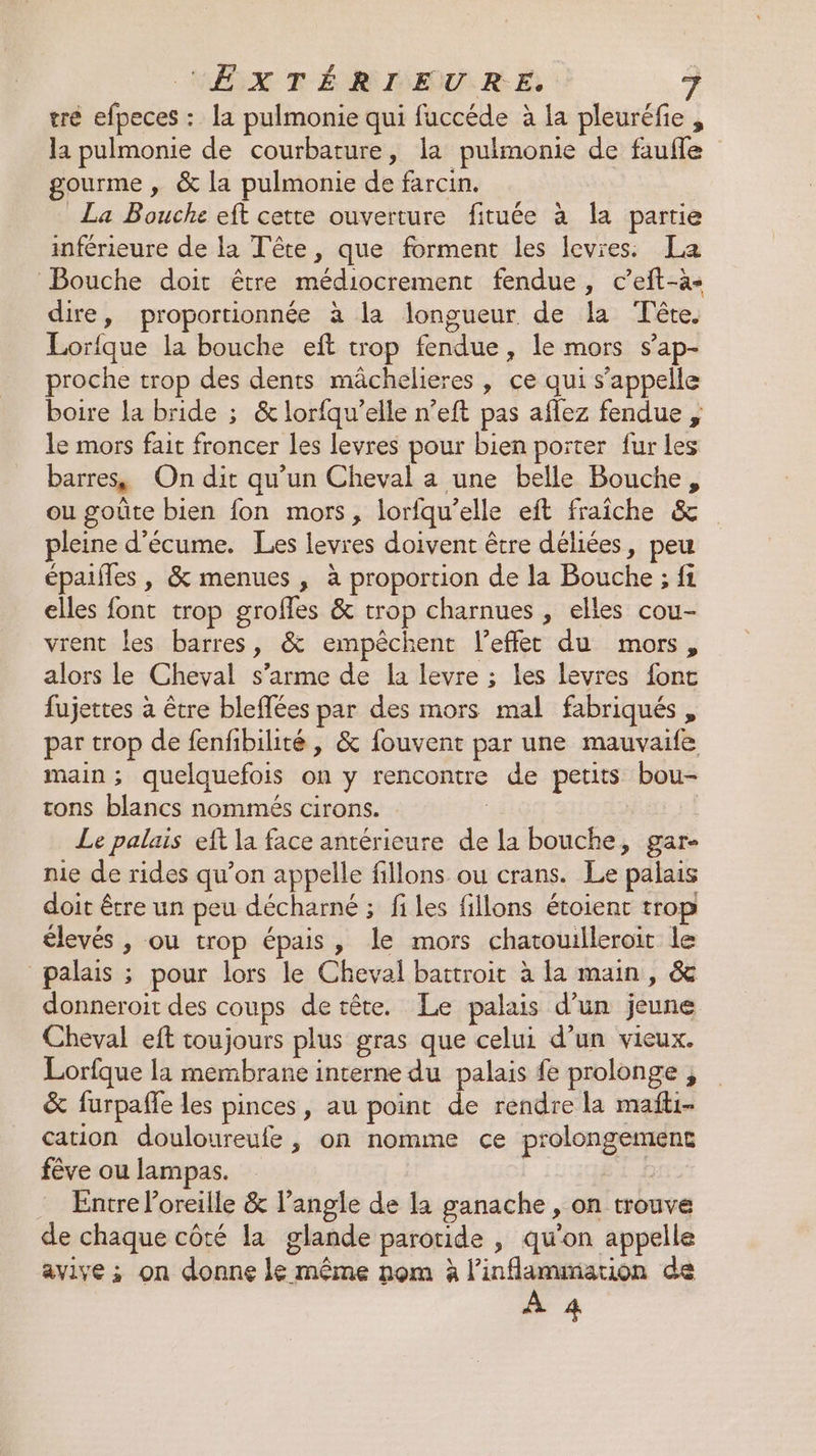 ‘ÆXTÉRIEURE. tré efpeces : la pulmonie qui fuccéde à {a pleuréfie , la pulmonie de courbature, la pulmonie de faufle ourme , &amp; la pulmonie de farcin. La Bouche eft cette ouverture fituée à la partie inférieure de la Tête, que forment les levres. La Bouche doit être médiocrement fendue, c’eft-à« dire, proportionnée à la longueur de la Tête. Lorfque la bouche eft trop fendue, le mors s’ap- proche trop des dents mâchelieres , ce qui s'appelle boire la bride ; &amp; lorfqu’elle n’eft pas aflez fendue , le mors fait froncer les levres pour bien porter fur les barres, On dit qu’un Cheval a une belle Bouche, ou goûte bien {on mors, lorfqu’elle eft fraiche &amp; pleine d’écume. Les levres doivent être déliées, peu épaifles , &amp; menues , à proportion de la Bouche ; fi elles font trop grofles &amp; trop charnues , elles cou- vrent les barres, &amp; empêchent l'effet du mors, alors le Cheval s’arme de la levre ; les levres fonc fujettes à être bleffées par des mors mal fabriqués, par trop de fenfibilité, &amp; fouvent par une mauvaife main ; quelquefois on y rencontre de petits bou- tons blancs nommés cirons. : | Le palais eft la face antérieure de la bouche, gar- nie de rides qu’on appelle fillons ou crans. Le palais doit être un peu décharné ; files fillons étoient trop élevés , ou trop épais, le mors chatouilleroit le palais ; pour lors le Cheval battroit à la main, &amp; donneroit des coups de tête. Le palais d’un jeune Cheval eft toujours plus gras que celui d’un vieux. Lorfque la membrane interne du palais fe prolonge , &amp; furpaffe les pinces, au point de rendre la mañti- cation douloureufe, on nomme ce prolongement fêve ou lampas. Ë Entre l'oreille &amp; l’angle de la ganache , on trouve de chaque côté la glande parotide , qu'on appelle avive ; on donne le même nom à l’inflanuration de À 4