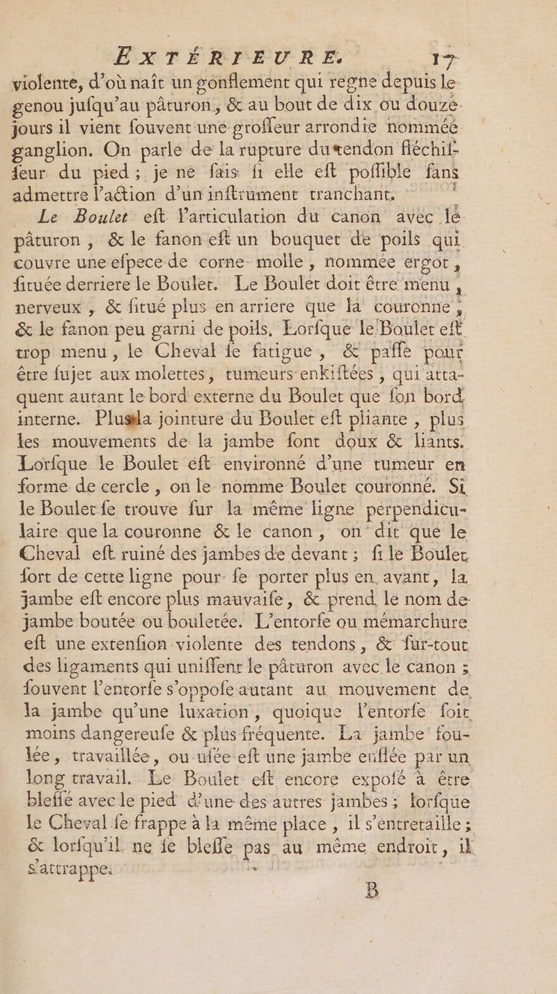 “ŒŒÆxXTFTÉRIEURE. 1+ violente, d’où naît un sonflement qui regne depuis le genou jufqu’au pâturon, &amp; au bout de dix ou douze jours il vient fouvent une grofleur arrondie nommée ganglion. On parle de la rupture du«endon fléchi- feur du pied; je ne fais f1 elle eft poflible fans admettre l’action d’un inftrument tranchant. Le Boulet eft Varticulation du canon avec lé pâturon , &amp; le fanoneft un bouquet de poils qui couvre une efpece de corne molle, nommée ergor, firuée derriere le Boulet. Le Boulet doit être menu, nerveux , &amp; fitué plus en arriere que là couronne, &amp; le fanon peu garni de poils, Eorfque le Boulet eft op menu, le Cheval fe fatigue, &amp; pañle pour être fujet aux molettes, tumeurs enkiftées , qui atta- quent autant le bord externe du Boulet que fon bord. interne. Plusla jointure du Boulet eft pliante , plus les mouvements de la jambe font doux &amp; liants. Lorique le Boulet eft environné d’une tumeur en forme de cercle, on le nomme Boulet couronné. Si le Boulet fe trouve fur la même ligne perpendicu- laire que la couronne &amp; le canon, on dit que le Cheval eft ruiné des jambes de devant ; file Bouler fort de cette ligne pour fe porter plus en avant, la jambe eft encore plus mauvaife, &amp; prend le nom de jambe boutée ou Laulere! L’entorfe ou mémarchure eft une extenfion violente des tendons, &amp; fur-tout des ligaments qui uniffent le pâturon avec le canon ; {ouvent l’entorfe s'oppoleautant au mouvement de la jambe qu’une luxation, quoique lentorfe foir moins dangereufe &amp; plus fréquente. La jambe: fou- Ke, travaillée, ou-ufée eft une jambe enflée par un long travail. Le Boulet eft encore expolé à être blefié avec le pied d’une des autres jambes; lorfque le Cheval fe frappe à la même place , il s’entretaille ; &amp; lorfqu'il. ne ie blefle pas au même endroit, ik s'attrappei É