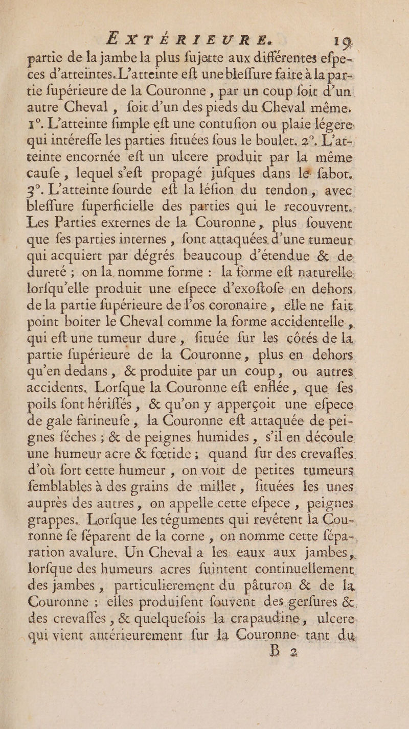 partie de la jambe la plus fujerte aux différentes efpe- ces d’atteintes.L’atteinte eft unebleffure faire à la par- tie fupérieure de la Couronne , par un coup foit d’un autre Cheval , foit d’un des pieds du Cheval même. 1°. L’atteinte fimple eft une contufion ou plaie légere: qui intérefle les parties fituées fous le bouler. 2°, L'ac- teinte encornée eft un ulcere produit par la même caufe , lequel s’eft propagé jufques dans lé fabor. 3°. L’atteinte fourde eft la léfion du tendon, avec bleffure fuperfcielle des parties qui le recouvrent. Les Parties externes de la Couronne, plus fouvent que fes parties internes , font attaquées d’une tumeur qui acquiert par dégrés beaucoup d’étendue &amp; de dureté ; on la nomme forme : la forme eft naturelle. lorfqu’elle produit une efpece d’exoftofe en dehors. de la partie fupérieure de l'os coronaire, elle ne fait point boiter le Cheval comme la forme accidentelle , qui eft une tumeur dure, fituée fur les côtés de la partie fupérieure de la Couronne, plus en dehors qu'en dedans, &amp; produite par un coup, ou autres accidents. Lorfque la Couronne eft enflée, que {es poils fonthériflés , &amp; qu’on y apperçoit une efpece de gale farineufe | la Couronne eft attaquée de pei- gnes féches ; &amp; de peignes humides , s’il en découle une humeur acre &amp; fœtide; quand fur des crevañles. d’où fort cette humeur , on voit de petites tumeurs femblables à des grains de millet, fituées les unes auprès des autres, on appelle certe efpece , peignes grappes. Lorlque les téguments qui revêtent la Cou- ronne fe féparent de la corne , on norme cette fépa-. ration avalure. Un Cheval à les. eaux aux jambes, Jorfque des humeurs acres fuintent continuellement des jambes , particulierement du pâturon &amp; de la Couronne ; eiles produifent fouvent des gerfures &amp;. des crevafles , &amp; quelquefois la crapaudine, ulcere. .qui vient antérieurement {ur a Couronne. tant du. 2
