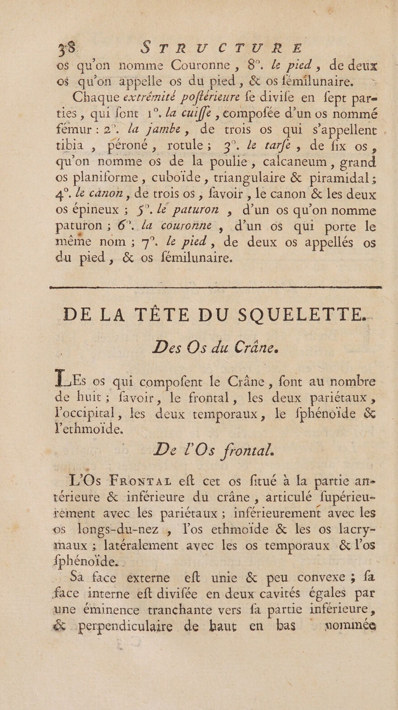 o$ qu'on nomme Couronne , 8°. 4 pied, de deux o$ qu'on appelle os du pied, &amp; os fémilunaire. Chaque extrémité poftérieure fe divile en fept par= ties, qui font 1°. La cuiffe , compofée d’un os nommé fémur : 2°. la jambe, de trois os qui s'appellent . tibia , péroné, rotule: 2% Ærerle, de (x os, qu'on nomme os de la poulie, calcaneum, grand os planiforme , cuboïde , triangulaire &amp; piramidal ; 4°. de canon, de trois os , favoir , le canon &amp; les deux os épineux ; 5°. paturon , d’un os qu’on nomme paturon ; 6°. la couronne , d’un os qui porte le même nom ; 7°. de pied, de deux os appellés os du pied, &amp; os fémilunaire. DE LA TÊTE DU SQUELETTE.. Des Os du Crâne. LES os qui compofent le Crâne , font au nombre de huit; favoir, le frontal, les deux pariétaux, l'occipital, les deux temporaux, le fphénoide &amp; lethmoide. | De lOs frontal. L'Os FronTaz eft cet os fitué à la partie an- térieure &amp; inférieure du crâne , articulé fupérieu- rément avec les pariétaux ; inférieurement avec les os longs-du-nez ; l'os ethmoide &amp; les os lacry- maux ; latéralement avec les os temporaux &amp; l'os fphénoïde. . | | Sa face externe eft unie &amp; peu convexe ; fa face interne eft divifée en deux cavités égales par une éminence tranchante vers fa partie inférieure, &amp; perpendiculaire de haut en bas nommée