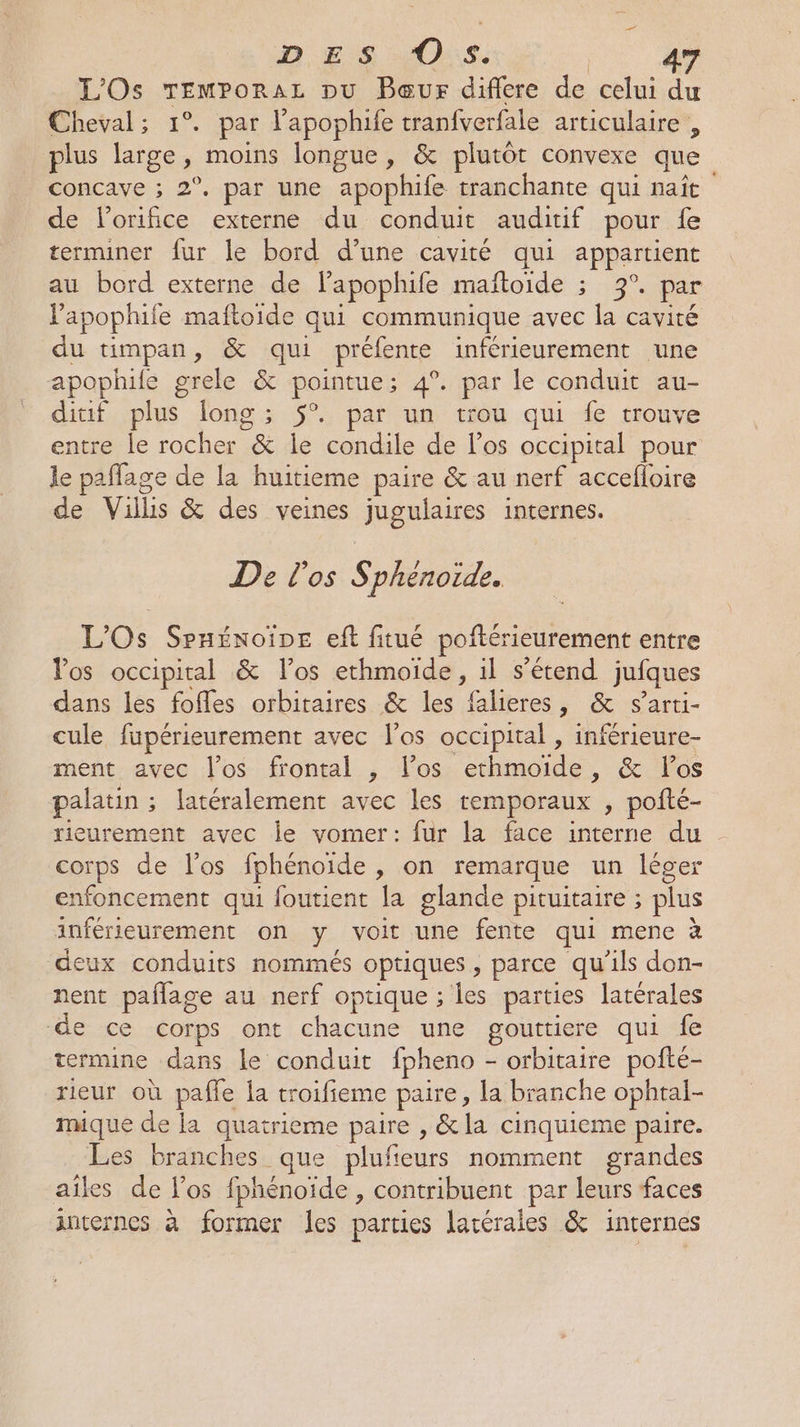 L'Os TEmporaz pu Peur difiere de celui du Cheval; 1°. par l’apophife tranfverfale articulaire , plus large, moins longue, &amp; plutôt convexe que concave ; 2°. par une apophife tranchante qui naît de lorifice externe du conduit auditif pour fe terminer fur le bord d’une cavité qui appartient au bord externe de l’apophife mañtoide ; 3°. par Papophife maftoide qui communique avec la cavité du timpan, &amp; qui préfente inférieurement une apophile grele &amp; pointue; 4°. par le conduit au- ditif plus long ; 5°. par un trou qui fe trouve entre le rocher &amp; le condile de los occipital pour le paffage de la huitieme paire &amp; au nerf accefloire de Vills &amp; des veines jugulaires internes. De los S phenoide. L'Os Srnénoïpe eft fitué poftérieurement entre Vos occipital &amp; los ethmoiïde, il s'étend jufques dans les fofles orbitaires &amp; les falieres, &amp; s’arti- cule fupérieurement avec l'os occipital , inférieure- ment avec l'os frontal , los ethmoiïde, &amp; los palatin ; latéralement avec les remporaux , pofté- rieurement avec le vomer: fur la face interne du corps de l'os fphénoide , on remarque un léger enfoncement qui foutient la glande pituitaire ; plus inférieurement on y voit une fente qui mene à deux conduits nommés optiques , parce qu'ils don- nent paflage au nerf optique ; les parties latérales de ce corps ont chacune une gouttiere qui fe termine dans le conduit fpheno - orbitaire pofté- rieur où pafle la troifieme paire, la branche ophtal- mique de la quatrieme paire , &amp; la cinquieme paire. Les branches que plufeurs nomment grandes ailes de los fphénoïde , contribuent par leurs faces internes à former les parties latérales &amp; internes