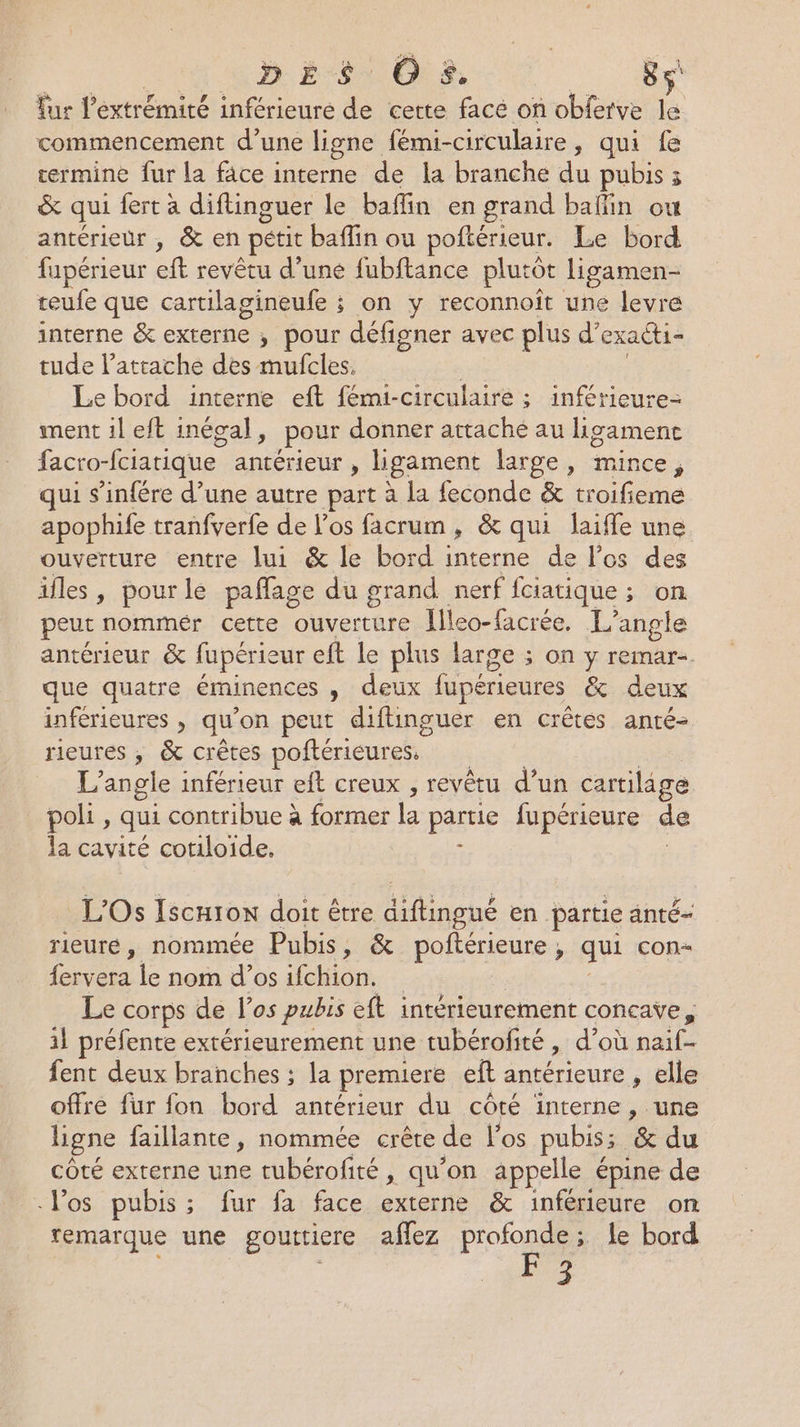 ur l’extrémité inférieure de cette facé on obferve le commencement d’une ligne fémi-circulaire, qui fe termine fur la face interne de la branche du pubis ; &amp; qui fert à diflinguer le baffin en grand bafin ou antérieur , &amp; en péti baflin ou poftérieur. Le bord fupérieur cf revêtu d’uné fubftance plutôt ligamen- teufe que cartilagineufe ; on y reconnoît une levre interne &amp; externe ; pour défigner avec plus d’ exacti- tude l’attache des mufcles. oil Le bord interne eft fémi-circulaire ; inférieure- ment il eft inégal, pour donner attaché au ligamenc facro-fciarique antérieur » ligament large, mince, qui s’infére d’une autre part à la feconde &amp; troifieme apophife tranfverfe de l'os facrum , &amp; qui laiffe une ouverture entre lui &amp; le bord interne de l'os des ifles, pour le paffage du grand nerf fciatique ; 408 peut nommer cette ouverture Jleo-facrée. L’angle antérieur &amp; fupérieur eft le plus large ; on y remar- que quatre éminences , deux fupérieures &amp; deux inférieures , qu'on peut diftinguer en crêtes anté- rieures ,; &amp; crêtes poftérieures. L30 ole inférieur eft creux , revêtu d’un cartilage poli, qui contribue à former la partie fupérieure de la cavité cotiloide. : L’Os Iscurox doit être dibinené en partie anté- rieure, nommée Pubis, &amp; poftérieure , qui con- fervera Le nom d’os ifchion. Le corps de l'os pubis eft intérieurement concaÿe, 11 préfente extérieurement une tubérofité » d’où naif- fent deux branches ; la premiere eft antérieure , elle offre fur fon bord antérieur du côté interne, une ligne faillante, nommée crête de l'os pubis; &amp; du côté externe une tubérofité, qu’on appelle épine de Vos pubis; fur fa face externe &amp; inférieure on remarque une gouttiere affez profonde; le bord EvS
