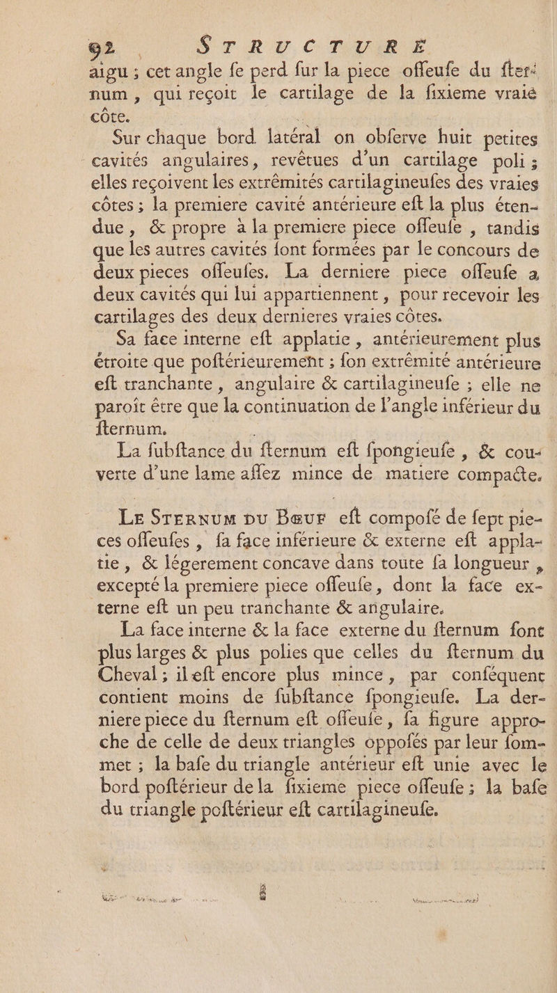 aigu ; cet angle fe perd fur la piece offeufe du {ter num, quireçoit le cartilage de la fixieme vraie COR . | | Sur chaque bord latéral on obferve huit petites cavités angulaires, revêtues d’un cartilage poli ; elles reçoivent les extrêmités cartilagineufes des vraies côtes ; la premiere cavité antérieure eff la plus éten- due, &amp; propre à la premiere piece offeufe , tandis que les autres cavités {ont formées par le concours de deux pieces offeufes. La derniere piece offeufe a deux cavités qui lui appartiennent, pour recevoir les cartilages des deux dernieres vraies côtes. Sa face interne eft applatie, antérieurement plus étroite que poftérieurement ; fon extrêmité antérieure eft tranchante , angulaire &amp; cartilagineufe ; elle ne paroit être que la continuation de l’angle inférieur du fternum. ou , 4 4 Pue | La fubftance du fternum eft fpongieufe , &amp; cou- verte d’une lame aflez mince de matiere compacte. Le Srernum pu Bœur eft compof£ de fept pie- ces offeufes , fa face inférieure &amp; externe eft appla- tie, &amp; légerement concave dans toute fa longueur , excepté la premiere piece offeule, dont la face ex- terne eft un peu tranchante &amp; angulaire. | La face interne &amp; la face externe du fternum fon plus larges &amp; plus polies que celles du fternum du Cheval ; ileft encore plus mince, par conféquent contient moins de fubftance fpongieufe. La der- niere piece du fternum eft offeufe, fa figure appro- che de celle de deux triangles oppolés par leur fom- met ; la bafe du triangle antérieur eft unie avec le bord poftérieur dela fixieme piece offeufe ; la bafe du triangle poftérieur eft cartilagineufe,