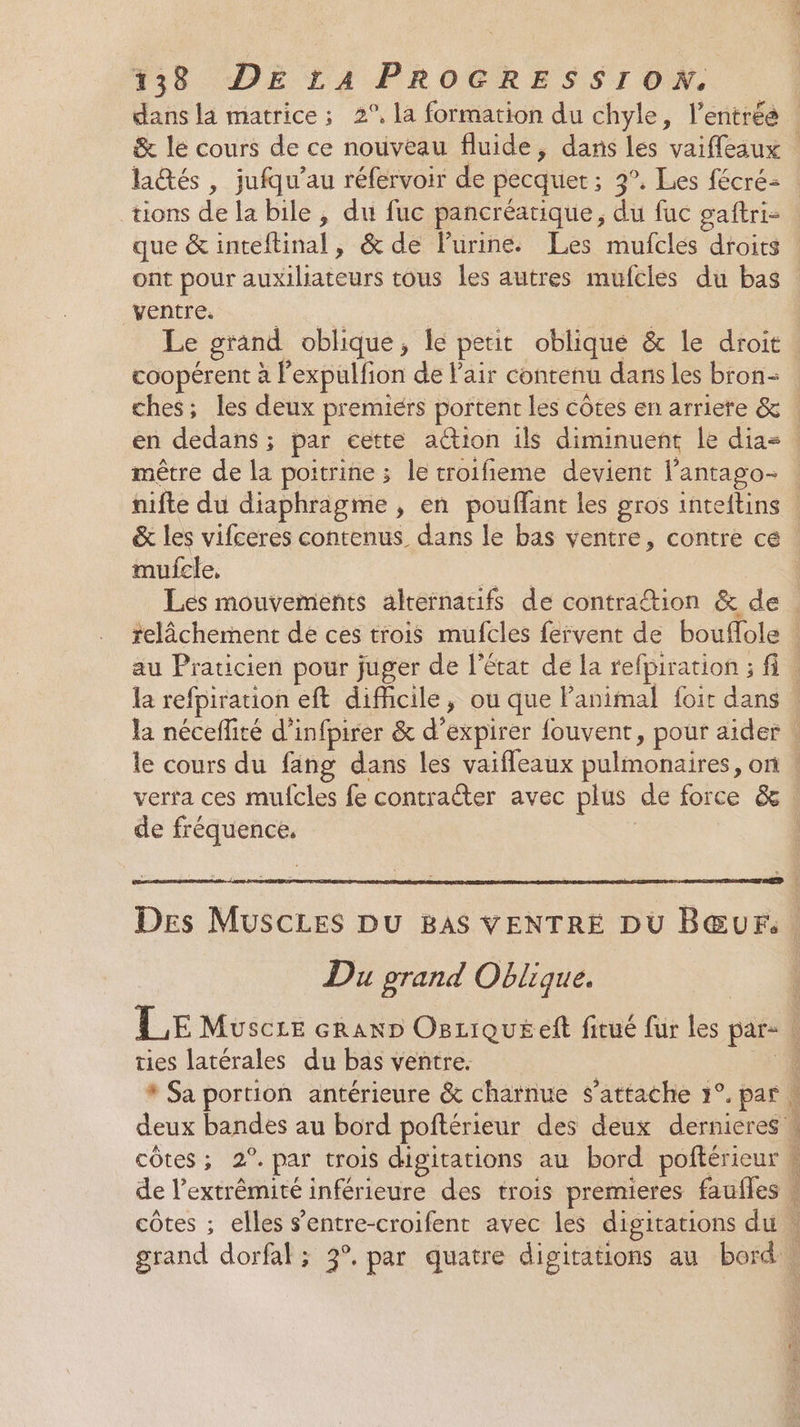 dans la matrice ; 2°, la formation du chyle, l’entrée &amp; lé cours de ce nouveau fluide, dans les vaiffeaux laés , jufqu’au réfervoir de pecquer ; 3°. Les fécrés | tions de la bile, du fuc pancréarique, du fuc gaftri- que &amp; inteftinal, &amp; de Purine. Les mufcles “dtoirs ont pour uiliatedre tous les autres mufclés du bas ventre. | Le grand oblique, le petit oblique &amp; le droit : coopérent al expulfion de l'air contenu dans les bron- ches ; les deux premiérs portent les côtes en arriere &amp; en dedans ; par cette action ils diminuent le dias : mêtre de la poitrine ; le troifieme devient lantago- | nifte du diaphragme , en pouflänt les gros iRtabnS &amp; les vifceres contenus. dans le bas ventre, contre cé. mufcle, É Lés mouvements alternatifs de contra&amp;tion &amp; de. relâchement de ces trois mufcles fervent de bouffole au Praticien pour juger de l'état de la refpiration ; fi. la refpiration eft difficile, ou que l'animal foir dans | la néceflité d’ infpirer &amp; d’ expirer fouvent, pour aider | le cours du fang dans les vaifleaux pulmonaires, on ! verra ces mufcles fe contracter avec plus de force &amp;. de fréquence, | l Des MUSCLES DU BAS VENTRE DU BŒur. . Du grand Oblique. LE Mvuscze cran Ogziqueeît firué fur les pare À | ties latérales du bas ventre. * Sa portion antérieure &amp; charnue s ’attache 7°. par | deux bandes au bord poftérieur des deux dernieres w \ côtes; 2°. par trois digitations au bord poftérieur \ de l’extrêmité inférieure des trois premieres faufles w côtes ; elles sentre-croifent avec les digitations du. grand dorfal ; 3°, par quatre digitations au bord \