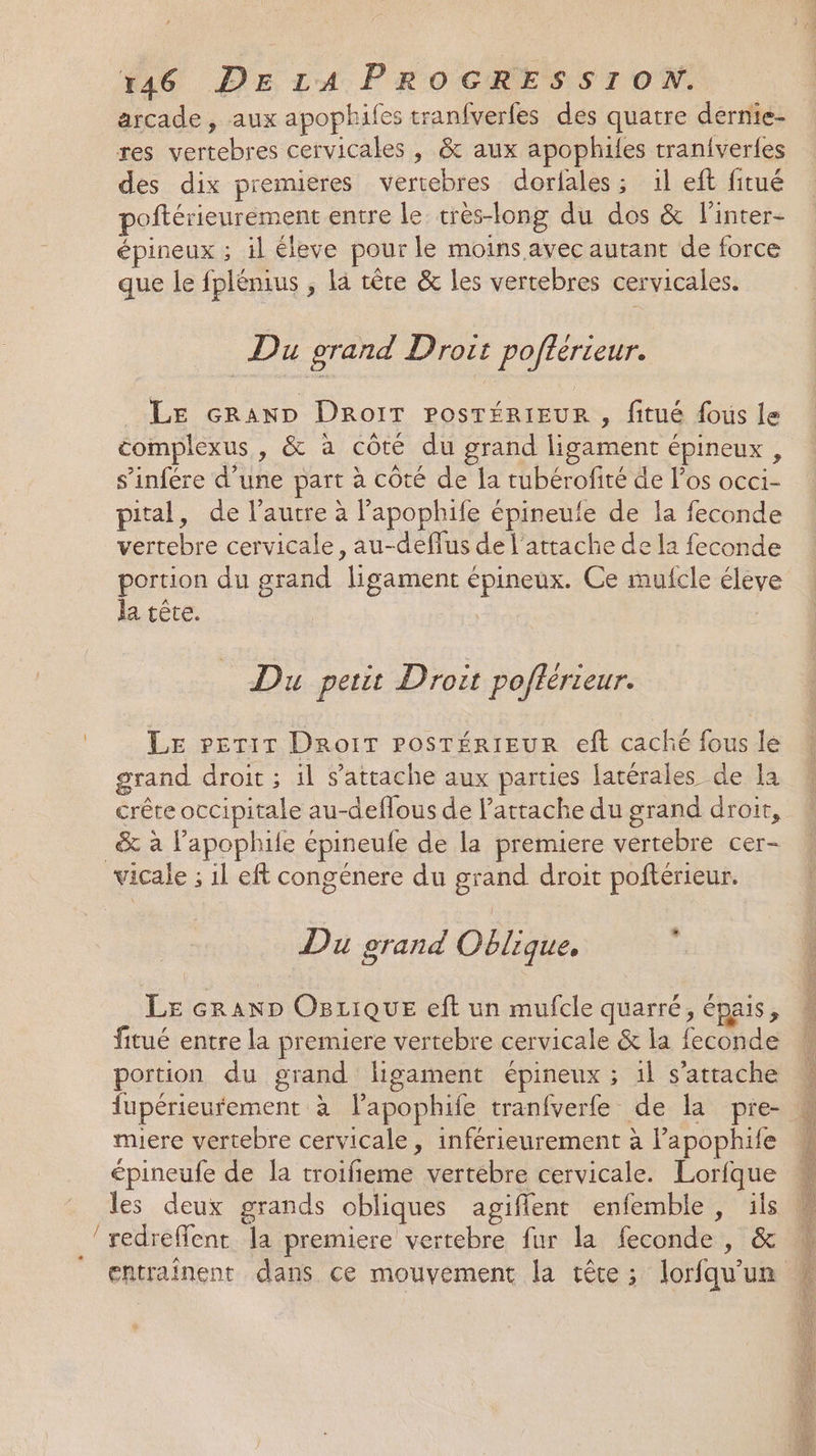 arcade, aux apophifes tranfverles des quatre dernie- res vertebres cervicales , &amp; aux apophiles traniverfes des dix premieres vertebres dorfales ; 1l eft fitué poftérieurement entre le très-long du dos &amp; l'inter- épineux ; il éleve pour le moins avec autant de force que le fplénius , la têre &amp; les vertebres cervicales. | Du grand Droit pofterteur. LE cRanD DROIT PoSTÉRIEUR , fitué fous le complexus , &amp; à côté du grand ligament épineux , s’infére d’une part à côté de la tubérofité de l'os occi- pital, de l’autre à l’apophife épineufe de la feconde vertebre cervicale, au-deffus de l'attache de la feconde portion du grand ligament épineux. Ce muicle éleve la tête. Du petit Droit poflérieur. Le »pgTiT Droit posrérieur eft caché fous le grand droit ; il s'attache aux parties latérales de la crête occipitale au-deflous de l’attache du grand droit, _&amp; à l’apophile épineufe de la premiere vertebre cer- vicale ; 1l eft congénere du grand droit poftérieur. Du grand Oblique, LE GRanp OgBrique eft un mufcle quarré, épais, fitué entre la premiere vertebre cervicale &amp; la fecon de portion du grand Higament épineux ; 1l s'attache miere vertebre cervicale, inférieurement à lPapophife épineufe de la troifieme vertébre cervicale. Lorfque les deux grands obliques agiflent enfemble, ils ’ redreffent la premiere vertebre fur la feconde, &amp; entraînent dans ce mouvement la tête ; lorfqu’un