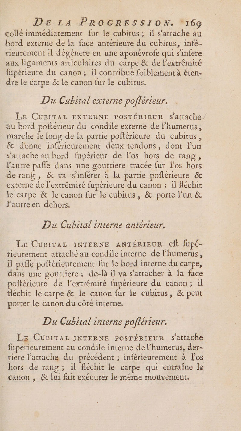 CE * 1° + . . ; x collé immédiatement {ur le cubitus ; il s'attache àu bord externe de la face antérieure du cubitus, infé- rieurement il dégénere en une aponévrole qui s’infere aux ligaments articulaires du carpe &amp; de l’extrêémité fupérieure du canon; il contribue foiblement à éten- dre le carpe &amp; le canon fur le cubitus. Du Cubital externe poftérieur. Le CuBiTAL EXTERNE POSTÉRIEUR s'attache” au bord poftérieur du condile externe de l’humerus, marche le long de la partie poftérieure du cubitus, &amp; donne inférieurement deux tendons, dont lun s'attache au bord fupérieur de los hors de rang, Vautre pañle dans une gouttiere tracée fur los hors de rang , &amp; va ‘s’inférer à la partie pofterieure &amp; externe de l’extrêémité fupérieure du canon ; il fléchit k carpe &amp; le canon fur le cubitus , &amp; porte l’un &amp; Fautreen dehors. Du Cubital interne antérieur. Le CugiTaL INTERNE ANTÉRIEUR eft fupé- tieurement attaché au condile interne de l’humerus, il paffe poftérieurement fur le bord interne du carpe, dans une gouttiere ; de-là il va s'attacher à la face poftérieure de l’extrémité fupérieure du canon; il fléchit le carpe &amp; le canon fur le cubitus, &amp; peut porter le canon du côté interne. Du Cubital interne poftérieur. Le CUuBITAL INTERNE POsTÉRIEUR s'attache fupérieurement au condile interne de l’humerus, der- riere l’attache du précédent ; inférieurement à los hors de rang ; il fléchit le carpe qui entraîne le canon , &amp; lui fait exécuter le même mouvement.