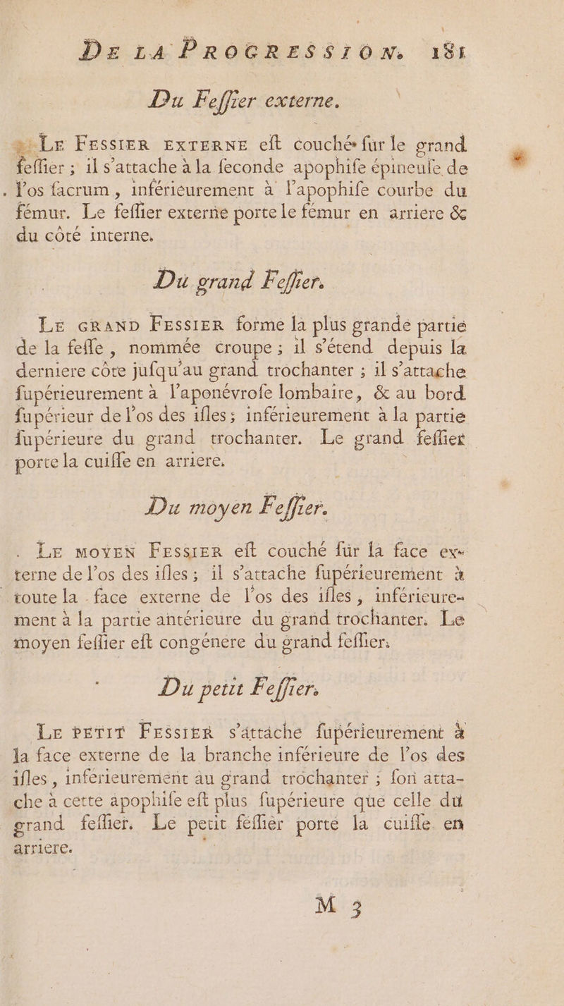 i] De 14 PROGRESSION. 181 Du Feffier externe. s Lr Fessrer ExTERNE eft couché fur le grand feffier ; il s'attache à la feconde apophife épineule de . Vos facrum, inférieurement à l’apophife courbe du fémur. Le feflier externe porte le fémur en arriére &amp; du côté interne, Du grand Feflier. Le cRanD FessiEr forme la plus grandé partie de la fefle , nommée croupe ; il s’étend depuis la derniere côte jufqu’au Es trochanter ; 1l s'attache fupérieurement à l’aponévrofe lombaire, &amp; au bord fupérieur de l'os des ifles; inférieurement à la partie fupérieure du grand trochanter. Le grand fefier porte la cuifle en arriere, pce Du noyer Feffier. LE Moyen FEssrer eft couché für la face ex terne de l'os des ifles; il s'attache fupérieurement à toute la face externe de l'os des ifles, inférieure- ment à la partie antérieure du grand trochianter. Le moyen feflier eft congénere du grand feflier: Du petit Feffer, Le bETiT FEssier s’ättiche fupérieurement à la face externe de la branche inférieure de l'os des ifles , inférieuremént au grand trochanter ; fon atta- che à cette apophile eft plus fupérieure que celle du grand feiher. Le petit féfièr porte la cuifle en arriere. | # j M 3