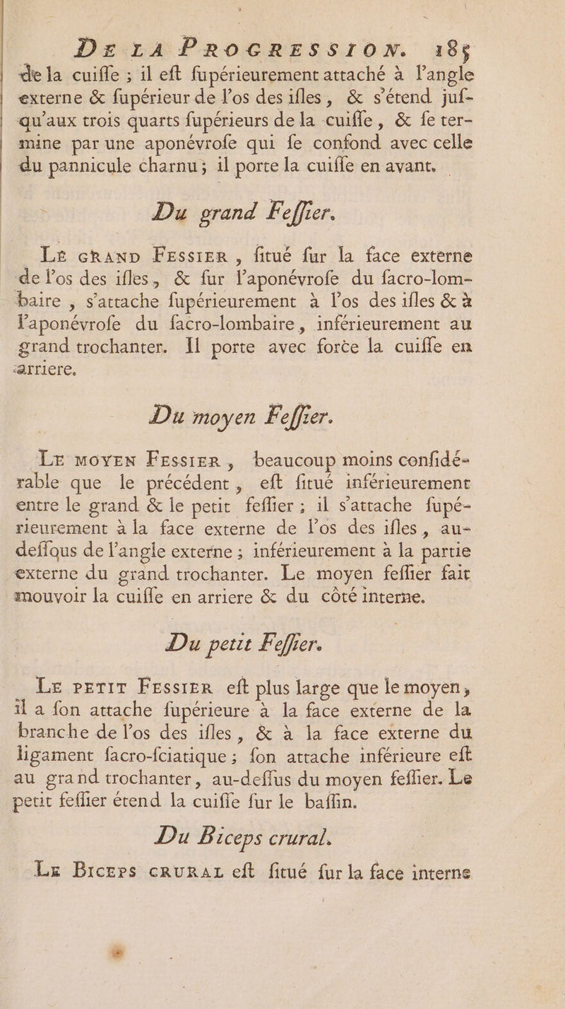 de la cuifle ; il eft fupérieurement attaché à l'angle externe &amp; fupérieur de los desifles, &amp; s'étend juf- qu'aux trois quarts fupérieurs de la cuifle, &amp; fe ter- mine par une aponévrofe qui fe confond avec celle du pannicule charnu; il porte la cuifle en avant. Du grand Feffier. LE chano Fessier , fitué fur la face externe de Pos des ifles, &amp; fur l’aponévrofe du facro-lom- baire , s'attache fupérieurement à l'os des ifles &amp; à Faponévrofe du facro-lombaire, inférieurement au grand trochanter. Il porte avec forte la cuifle en arriere. Du moyen Feffier. LE moyen Fessier , beaucoup moins confidé- rable que le précédent, eft firué inférieuremene entre le grand &amp; le petit feflier ; il s’attache fupé- rieurement à la face externe de los des ifles, au- deflous de l'angle externe ; inférieurement à la partie externe du grand trochanter. Le moyen feflier fait mouvoir la cuifle en arriere &amp; du côté interne. Du petit Feffier. _ Le periT Fessrer eft plus large que le moyen, il a fon attache fupérieure à la face externe de la branche de l'os des ifles, &amp; à la face externe du ligament facro-fciatique ; fon attache inférieure eft au grand trochanter, au-deflus du moyen fefler. Le petit feflier étend la cuifle fur le baffin. Du B Iceps crural, Lx Brcers cruRALzL eft fitué fur la face interne