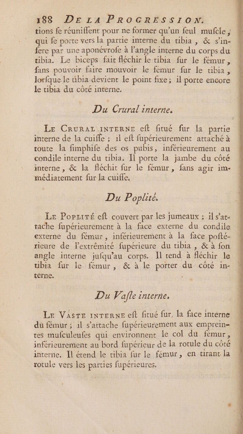 tions fe réuniflent pour ne former qu’un feul mufcle ; qui fe porte vers la partie interne du tibia , &amp; s’in- {ere par une aponévrofe à l’angle interne du corps du tibia. Le biceps fait fléchir le tibia fur le fémur, fans pouvoir faire mouvoir le fémur fur Le tibia, lorfque le tibia-devient le point fixe; il porte encore le tibia du côté interne. Du Crural interne, LE CRuRAz INTERNE eft fitué fur la partie interne de la cuifle ; il eft fupérieurement attaché à toute la fimphife des os pubis, inférieurement au condile interne du tibia. Il porte la jambe du côté interne , &amp; la fléchit fur le fémur, fans agir im- médiatement fur ja cuifle, Du Poplité. LE PopziTé eft couvert par les jumeaux ; 1l s’at- tache fupérieurement à la face externe du condile externe du fémur, inférieurement à la face pofté- rieure de lextrêmité fupérieure du tibia , &amp; à fon angle interne jufqu’au corps. Il tend à fléchir le tibia fur le fémur, &amp; à le porter du côté in- Éérne. . ; Du V'afle interne. Le Vaste interne eft fitué fur, la face interne du fémur ; 11 s'attache fupérieurement aux emprein= tes mufculeufes qui environnent le col du fémur, inférieurement au bord fupérieur de la rotule du côté interne. Il étend le tibia fur le fémur, en tirant la rotule vers Les parties fupérieures. |