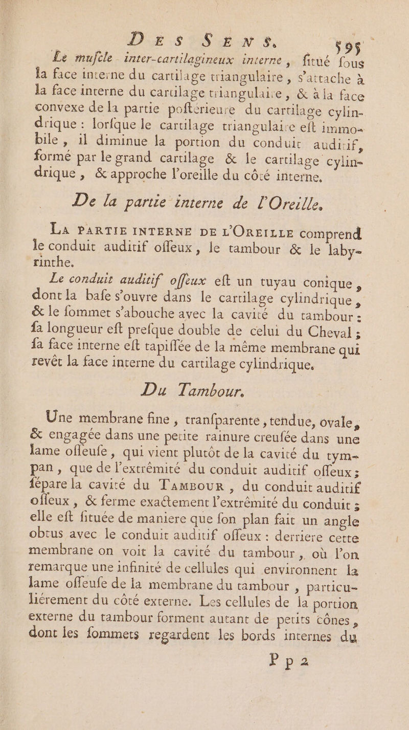 DE S'SEUN à os Le mufcle inter-cartilagineux interne | fitué fous la face interne du cartilage triangulaire, s'attache à la face interne du cartilage tiiangulaite, &amp; à la face convexe de la partie poftérieure du cartilage cylin- drique : lorfque le cartilage triangulaire eft immo= bile, il diminue la portion du conduit auditif, formé par le grand cartilage &amp; le cartilage cylin- drique , &amp; approche l'oreille du côté interne, De la partie interne de l'Oreille. La PARTIE INTERNE DE L'OREILLE comprend le conduit auditif offeux, le tambour &amp; le laby- rinthe. Le conduit auditif offeux eft un tuyau conique , dont la bafe s'ouvre dans le cartilage cylindrique, &amp; le fommet s’abouche avec la cavité du tambour : fa longueur eft prelque double de celui du Cheval ; fa face interne elt tapiflée de la même membrane qui revêt la face interne du cartilage cylindrique. Du T. ambour. Une membrane fine , tranfparente ; tendue, ovale, &amp; engagée dans une petite rainure creufée dans une lame ofleufe, qui vient plutôt de la cavité du tym= pan, que de l'extrémité du conduit auditif ofeux ; fépare la cavité du TamBour , du conduit auditif offeux , &amp; ferme exactement l'extrémité du conduit 3 elle eft fituée de maniere que fon plan fait un angle obtus avec le conduit auditif offeux : derriere cette membrane on voit la cavité du tambour ». où l’on remarque une infinité de cellules qui environnent la lame offeufe de la membrane du tambour , particu- liérement du côté externe. Les cellules de la portion externe du tambour forment autant de petits Cônes , dont les fommets regardent les bords internes du