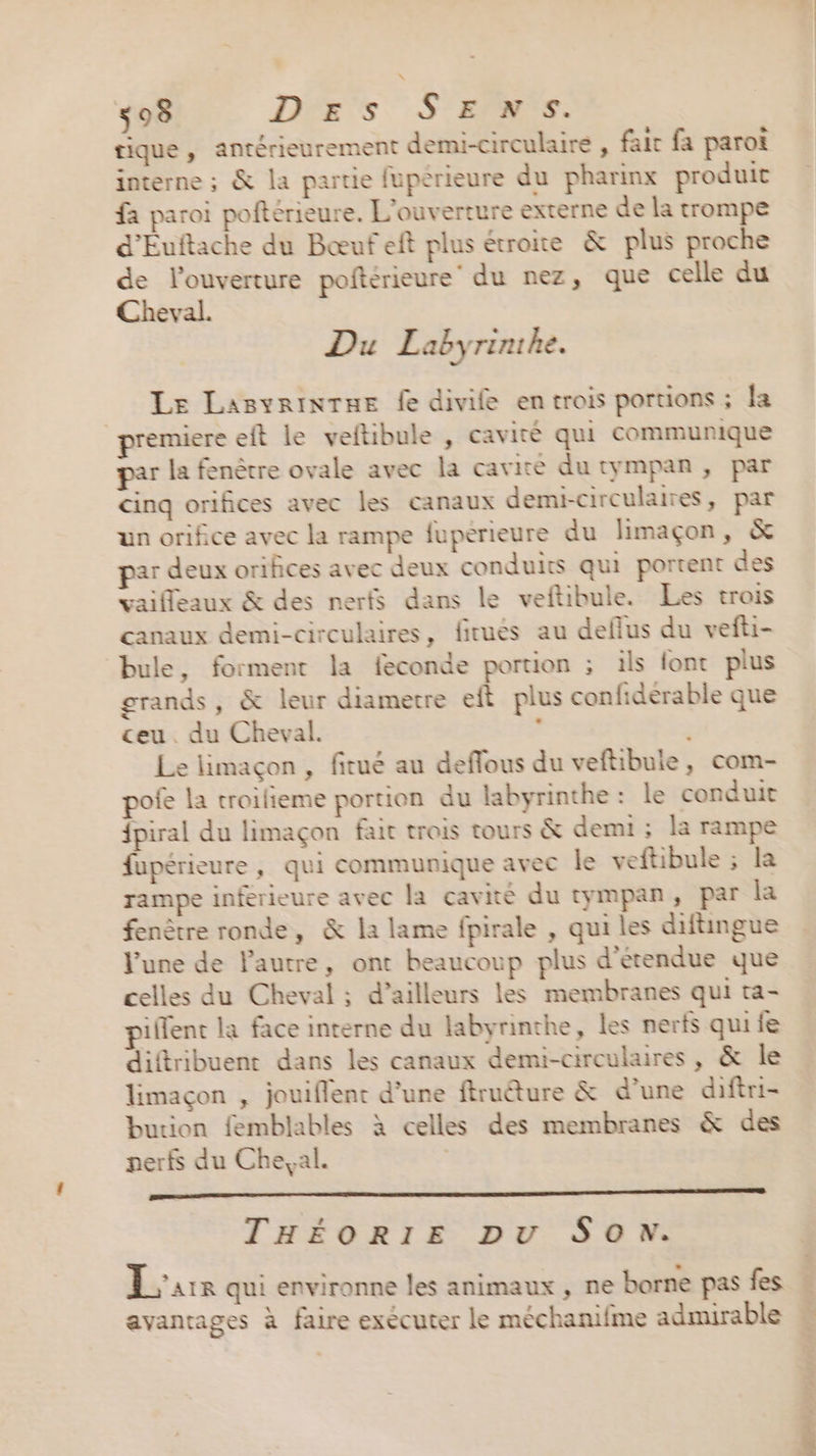 508 DrE's SEP: tique , antérieurement demi-cireulaire , fait fa paroi interne ; &amp; la partie fupérieure du pharinx produit fa paroi poftérieure. L'ouverture externe de la trompe d'Éuftache du Bœuf eft plus étroite &amp; plus proche de louverture poftérieure’ du nez, que celle du Cheval. Du Labyrinthe. Le LasvrinrTne fe divife en trois portions ; la premiere eft le veftibule , cavité qui communique par la fenêtre ovale avec la cavite du tympan, par cinq orifices avec les canaux demi-circulaires, par un orifice avec la rampe fuperieure du limaçon, &amp; ar deux orifices avec deux conduits qui portent des vaifleaux &amp; des nerfs dans le veftibule. Les trois canaux demi-circulaires, ficués au deflus du vefti- bule, forment la feconde portion ; ils font plus grands, &amp; leur diametre eft plus confidérable que ceu. du Cheval. ù à Le limaçon , fitué au deffous du veftibule, com- pofe la troifieme portion du labyrinthe : le conduit {piral du limaçon fait trois tours &amp; demi ; Ia rampe fupérieure , qui communique avec le veftibule ; la rampe inférieure avec la cavité du tympan, par la fenêtre ronde, &amp; la lame fpirale , qui les diftingue Vune de l'autre, ont beaucoup plus d’erendue que celles du Cheval ; d’ailleurs les membranes qui ta- iffent la face interne du labyrinthe, les nerfs quife diftribuent dans les canaux demi-circulaires , &amp; le limaçon , jouiflent d’une ftruéture &amp; d’une diftri- bution femblables à celles des membranes &amp; des nerfs du Che,al. ( THÉORIE DU SON. Lu qui environne les animaux , ne borne pas fes avantages à faire exécuter le méchanifme admirable