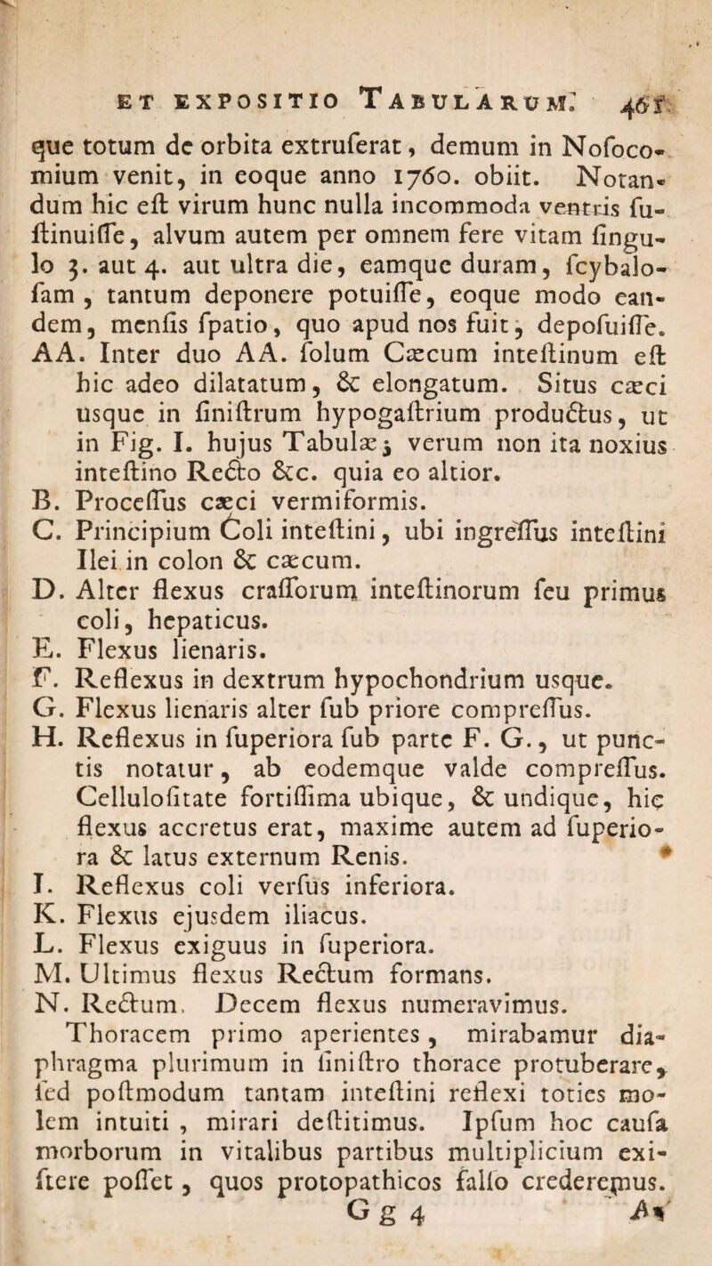 que totum de orbita extruferat, demum in Nofoco- mium venit, in eoque anno 1760. obiit. Notan¬ dum hic eft virum hunc nulla incommoda ventris fu- Ainuifle, alvum autem per omnem fere vitam fingu- lo 3. aut 4. aut ultra die, eamquc duram, fcybalo- fam , tantum deponere potuifle, eoque modo ean¬ dem, mcnfis fpatio, quo apud nos fuit, depofuifle. AA. Inter duo AA. folum Caecum inteltinum eft hic adeo dilatatum, & elongatum. Situs caeci usque in finiftrum hypogaltrium produdtus, ut in Fig. I. hujus Tabulas5 verum non ita noxius inteftino Redto Stc. quia eo altior. B. Proceflus casci vermiformis. C. Principium Coli inteftini, ubi ingrefliis inteftini Ilei in colon Sc caecum. D. Alter flexus craflorum inteftinorum feu primus coli, hepaticus. E. Flexus lienaris. F. Reflexus in dextrum hypochondrium usque. G. Flexus lienaris alter fub priore compreflus. H. Reflexus in fuperiora fub parte F. G., ut punc¬ tis notatur, ab eodemque valde compreflus. Cellulofitate fortiflima ubique, & undique, hic flexus accretus erat, maxime autem ad fuperio¬ ra & latus externum Renis. * I. Reflexus coli verfus inferiora. K. Flexus ejusdem iliacus. L. Flexus exiguus in fuperiora. M. Ultimus flexus Rectum formans. N. Redtum, Decem flexus numeravimus. Thoracem primo aperientes, mirabamur dia¬ phragma plurimum in flniftro thorace protuberare,, fed poflmodum tantam inteflini reflexi toties mo¬ lem intuiti , mirari deflitimus. Ipfum hoc caufa morborum in vitalibus partibus multiplicium exi- ftere poflet, quos protopathicos fallo crederejnus.