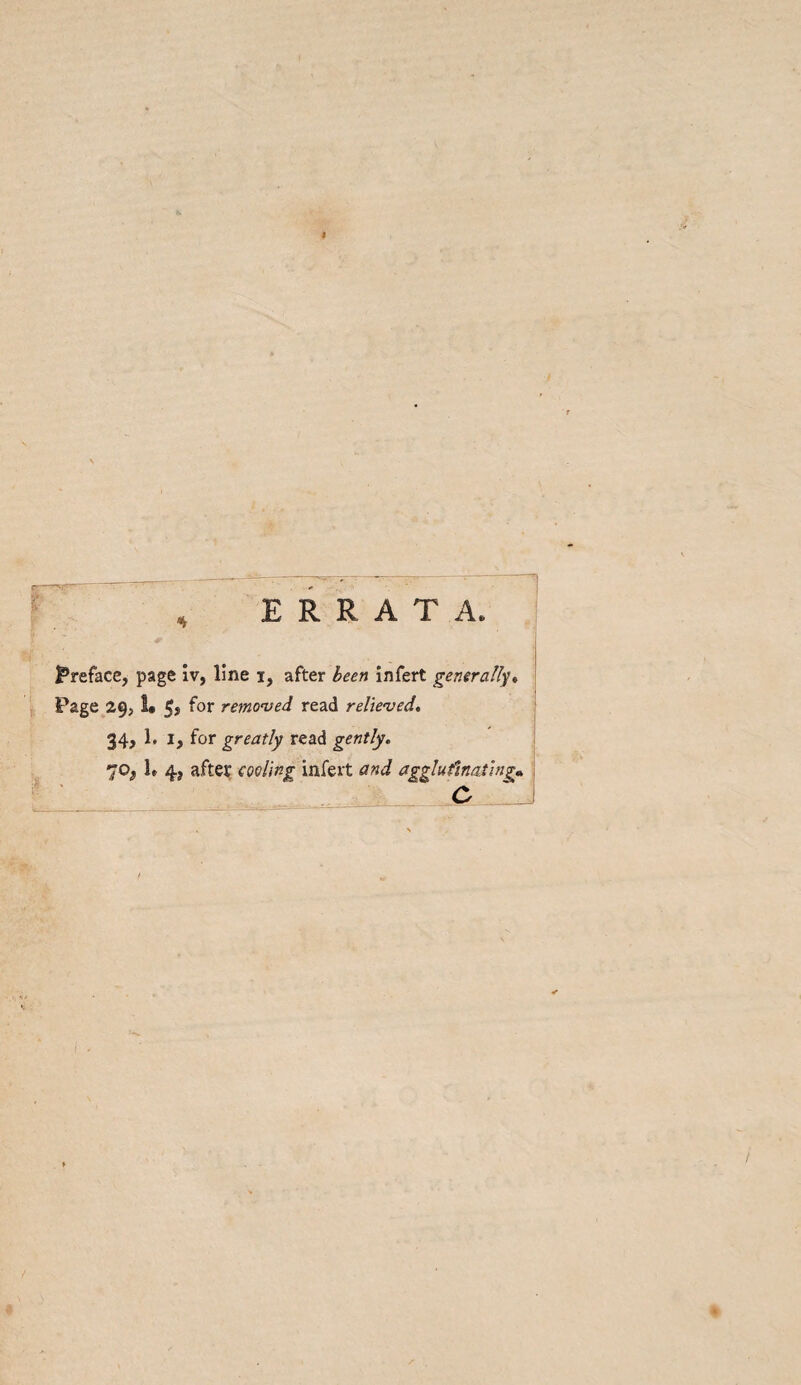 ERRATA. Preface, page iv, line i, after been infert generally* Page 29, 1* 5, for removed read relieved, 34, 1, 1, for greatly read gently. •jog 1. 4, after cooling infert and agglutinating* C