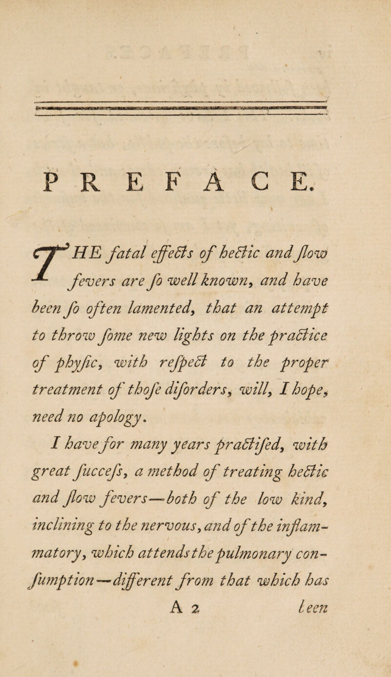 PREFACE. C t1HE fatal effects of heBic andflow fevers are fo well known, and have heen fo often lamented, that an attempt to throw fome new lights on the practice of phyfic, with refpeB to the proper treatment of thofe diforders9 will\ I hope9 need no apology. I have for many years praBifed, with great fnccefs, a method of treating heBic and fow fevers—both of the low kindy inclining to the nervous y and of the inflam¬ matoryy which attends the pulmonary con - fumption—different from that which has A 2 leen