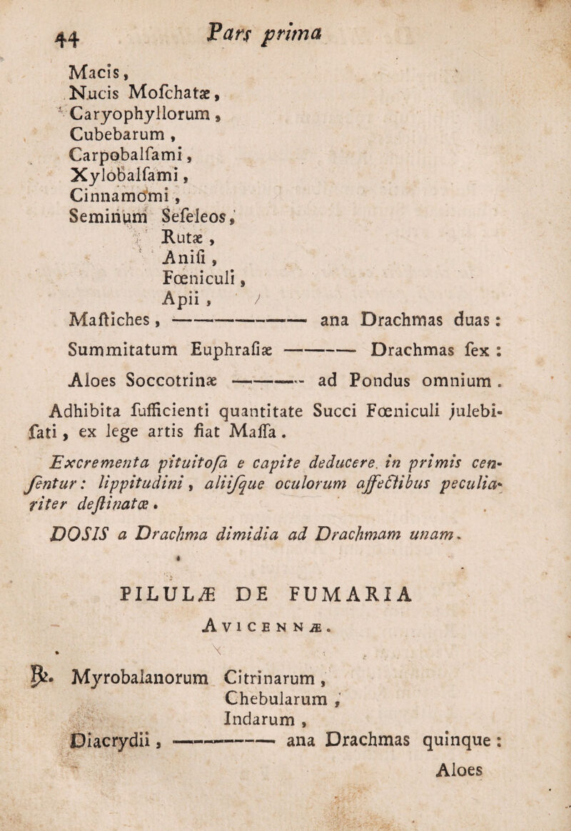 V Macis, Nucis Mofchatae, Caryophyllorum» Cubebarum , Carpobalfami * XyloBalfami , Cinnamomi « Seminum Sefdeos f T\ Rutae , Anili * Foeniculi t Apii , ) Mafliches, ——--- ana Drachmas duas: Summitatum Euphrafiae —-- Drachmas fex : Aloes Soccotrinae —--— ad Pondus omnium . Adhibita fufficienti quantitate Succi Fdeniculi julebi- fati , ex lege artis fiat MalTa. Excrementa pituitofa e capite deducere. in primis ce ru¬ fentur : lippitudini, aliifque oculorum affectibus peculia+ fiter deftinat02. DOSIS a Drachma dimidia ad Drachmam unam. * PILULA DE FUMARIA AviCENNjE. * N JC Myrobalanorum Citri narum , Chebularum , Indarum , Diacrydii,--ana Drachmas quinque : Aloes