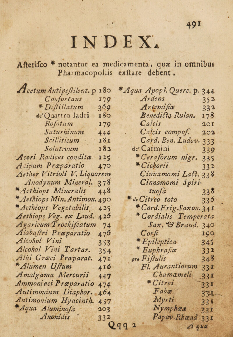 49' INDEX* Afterifco * notantur ea medicamenta, quae in omnibus Pharmacopolas exlUie debent, Acetum Antipejiiknt. p 180 Confortans 179 * D fi llatum 3 5 9 de’Quafrro lachi 180 Rojatum 179 Saturninum 444 Sci Viticum • 181 . 4 * Solutivum 182 Acori Radices condita 125 Aaiyum Praparatio 470 Aether Vitrioli K Liquorem Anodynum MineraL 378 *Aethiops Mineralis 448 *Aetfiiops Min*Antimon. 490 * Aethiops Vegetabilis 425 Aethiops Veg. ex Laud. 42'5 Agaricum:Trochifcatum 74 Alabajlri P r a par at io 476 Alcohol Vini „ 353 Alcohol Vini Tartar. 354 Graeci Praeparat. 471 * Alumen UJlum 416 Amalgama Mercuri i 447 Ammoniaci Praeparatio 474 Antimonium Diaphor. 464 Antimohium Hyacintju 457 ## Aluminoja 203 A noni dis ‘ 332 Q.qq a sAqua Apcpl. Querc. p. 344 Ardens 352 Artemijiae 332 BenediCla Rulan. 178 Calcis 201 Calcis compofi 202 Card. Ben> Ludov» 333 de* Carmini 339 *Cerajorum nigr, 335 * Lictyorii 332 Cinnamomi LaCl. 338 c/ nnamomi SpirV tuoja 33$ * Citreo toto 336 * Cord.Frig.Saxon. 341 * Cor dialis Temperata Sax. *©> Brand. 340 Corfi 190 * Epileptica 345 * Euphrafce 332 pro Fijlulis . 348 i7/. Aurantiorum 331 Chamaemeli .331 * Citrei 331 Fabae 33^ iWy/t/ 33 j Nymphaea 331 PapavdRhcead 331