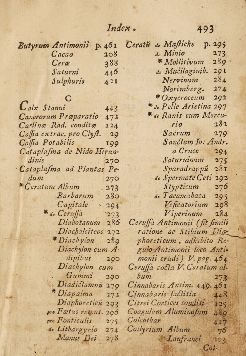 • % Cacao 208 Ceree 388 Saturni 446 Sulphuris 421 Calx C Stanni 443 Cancrorum P r at par at io 472 Car linee Rad. condit ce 124 Caja extrac. pro Clyjf* 29 Caja Potabilis 199 Cataplafma de Nido Hirun- dinis 270 Cataplajma ad Plantas Pe• dum • 270 * Ceratum Album . 273 Barbarum 280 Capitale > 294 81 CeriJJa •273 Diabotanum 286 Diacjialciteos 272 * Diachylon 2%g Diachylon cum A- dipibus 290 Diachylon cum Gummi 290 DiadiSlamnu 279 * Diapalma 27 2 Diaphoreticu 293 /»ro Foetus ret&nt. 296 pro Fonticulis 275 Lithargyrio 274 Manus DA 278 Ceratu de Majliche p. 295 Minio 273 * Mollit ivum 289 Mucilaginib. 291 Nervinum 284 Norimberg. 274 * Oxycroceum 292 Pelle Arietina 297 Ranis cum Mercu¬ rio 2S2 Sacrum 279 SanFtum Jo: Andr• # Cruce 294 Saturninum 275 radrappu 281 de Sper mate Ceti 292 Stypticum 276 Tacamahaca 295 Veficatorium 298 Viperinum 284 CeruJJa Antimonii (Jit fimili ratione ac Stibium JXig-r phoreticum , adhibito Re¬ gulo Antimonii loco Anti• monii crudi) V, pag 464 CeruJJa coSla V- Ceratum al¬ bum 273 Cinnabaris Antim. 449* 46 I Cinnabaris JaShtia 448 C / Cortices condi ti 125 Coagulum Aluminojam 4 '79 Colcothar 4x7 Collyrium Album 76  Lanfranci 203 -CW-