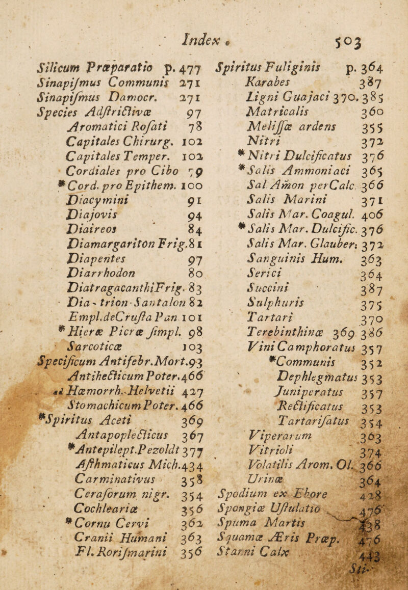 Silicum Praeparatio p. 477 Sinapijmus Communii 271 Sinapijmus Damocr. 271 Species AdflriClivx 97 Aromatici Rofati 78 Capitales Chirurg. 102 Capitales Temper. 102 Cor diales pro Cibo 79 * Corel, pro Epithem. 100 Sarcoticoe J03 Specificum Antifebr.M0rt.93 AntiheSHcum Poter. 466 ai Hcemorrh. Helvetii 427 Stomachicum Poter. 466 *Spiritus Aceti 369 AntapopleSUcus 367 *Antepilept.Pezoldt 377 Afthmaticus Mich.434 Carmina tivus 3 5 S Ceraforum nigr. 354 Cochlearia 356 * Cornu Cervi 362 Cranii Humani 363 P /. i? orijm a rin i 356 Spiritus Fuliginis p. 364 Karabes 387 Ligni Guajaci 370, 385 Matricalis 360 Melijjce ardens 355 Nitri 372 * Nitri Dulcif catus 37 6 * Salis Ammoniaci 365 Sal A mon per Cale 366 Diacymini 91 Salis Marini 371 Di a;ovis 94 Salis Mar. CoaguL 406 Diaireos 84 * Salis Mar. Dulcif c. 376 Diamargariton Frig .81 Salis Mar. Glauber; 371 Diap entes 97 Sanguinis Hum. 363 Diarrhodon 80 Serici 364 DiatragacanthiFrig. 33 Succini 387 Dia' trion-Santalon 82 Sulphuris 37S Empl.deCrufaPan 1 01 Tartari ,370 Terebinthinae 369 386 Vini Camphoratus 357 *Communis 352 Dephlegmatus 353 Jumperatus 357 ReSlifcatus 353 T artarifatus 374 Viperarum 363 Vitrioli 374 Volatilis Arom. 01. 766 Urinos 3^4 Spodium ex Eho re Spongiae Ufulatio 4~6 Spuma Martis rj§8 Squamoe JErts Prcep. 476 Stanni Calx . g 443..