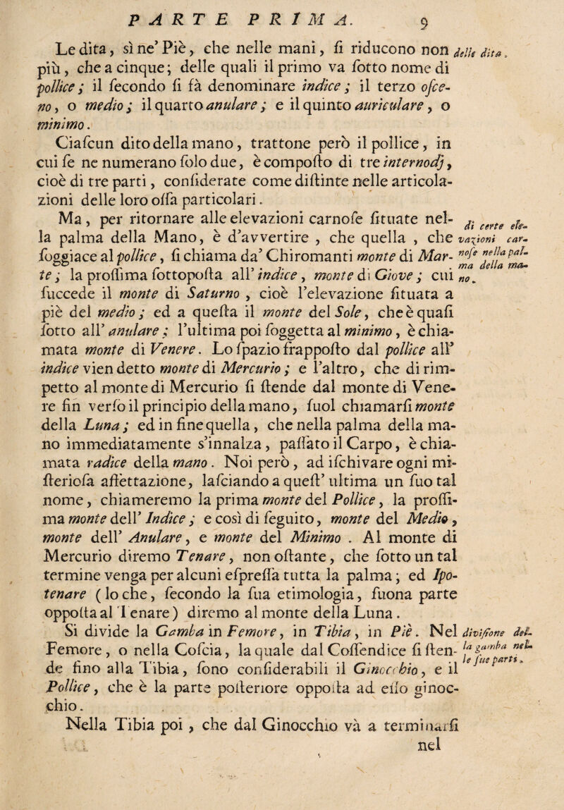PARTE P R 1 dì certe efe~ Le dita, sì ne5 Piè, che nelle mani, fi riducono non più, che a cinque; delle quali il primo va fiotto nome di pollice ; il fecondo fi fa denominare indice ; il terzo ofce¬ no , o medio ; il quarto anulare; e il quinto amìculare, o minimo. Ciafcun dito della mano, trattone però il pollice, in cuife ne numerano folo due, è comporto di trtinternodjj cioè di tre parti, confiderate come diftinte nelle articola¬ zioni delle loro offa particolari. Ma, per ritornare alle elevazioni carnofe finiate nel¬ la palma della Mano, è d'avvertire , che quella , che vagoni car~ fuggisce al pollice, fi chiama da' Chiromanti monte di Mar- naf* ”eljapA- n' r n li, . 7. ,. . ma della ma* te ; la proflima lottopoita all indice, monte di Giove ; cui „0» fuccede il monte di Saturno , cioè l'elevazione fituata a piè del medio ; ed a quella il monte deliWè, che è quali lòtto all' anulare ; l’ultima poi foggetta al minimo, è chia¬ mata monte di Venere. Lo fpazio frappofto dal pollice alF indice vien detto monte di Mercurio ; e l'altro, che di rim- petto al monte di Mercurio fi ftende dal monte di Vene¬ re fin verfoil principio della mano, Tuoi chiamarli monte della Luna ; ed in fine quella, che nella palma della ma¬ no immediatamente s’innalza, paffatoil Carpo, èchia¬ mata radice della mano. Noi però, ad ifchivare ogni mi- fteriofa affettazione, lafciando a queft’ultima un fuotal nome, chiameremo la prima monte del Pollice > la proffi- ma monte dell' Indice ; e così di feguito, monte del Medio, monte dell' Anulare, e monte del Minimo . Al monte di Mercurio diremo Tenare, non off ante, che fiotto un tal termine venga per alcuni efpreffia tutta la palma; ed Ipo- tenare ( lo che, fecondo la fina etimologia, fuona parte opportaal Tenare) diremo al monte della Luna . Si divide la Gamba in Femore, in T ibi a, in Piè„ Nel divìsone Femore, o nella Coficia, la quale dal Coffiendice firten- l*&»mha mìL de fino alia Tibia, fono confiderabili il Ginocchio, e il Pollice, che è la parte portenore apporta ad erto ginoc¬ chio. , Nella Tibia poi, che dal Ginocchio va a terminarfi nel ;
