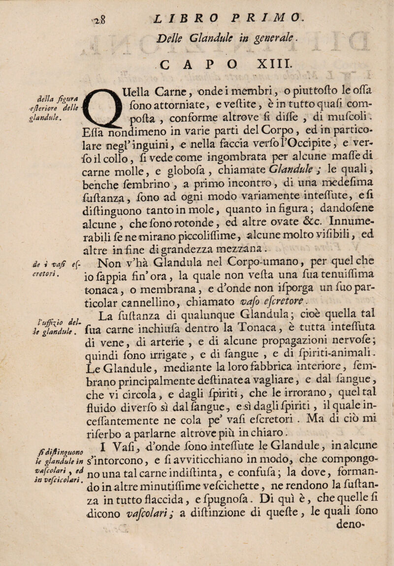 Delle Glandule in generale. H,' .1 ... /. ..... „s'., CAPO XIII. ^-^■Uella Carne, onde i membri, opiuttofto le offa €Seriore delle | | fono attorniate, e vertute, è in tutto quali corri- glandule, ’V. Jr porta , conforme altrove fi dille , di mufcoli. Eflanondimeno in varie parti del Corpo, ed in partico¬ lare negl’inguini, e nella faccia verfol’Occipite, e ver- foil collo, fi vede come ingombrata per alcune martedì carne molle, e giobola , chiamate Glandule ,* le quali, benché fembrino , a primo incontro, di una medefima fuftanza, fono ad ogni modo variamente inteffute, e fi diftinguono tanto in mole, quanto in figura ; dandofene alcune , che fono rotonde, ed altre ovate &c. Innume- rabili fe ne mirano pkcolifiìme, alcune molto vifibili, ed altre infine di grandezza mezzana. de i ef. Non v’hà Gianduia nel Corpo-umano, per quel che astori. iofappia fin’ora, la quale non verta una fuatenuiffima tonaca, o membrana, e d’onde non ifporga uniuopar- ticolar cannellino, chiamato mafo efcretore. ,. La fuftanza di qualunque Gianduia; cioè quella tal il “glandule. fua carne inchiufa dentro la Tonaca, è tutta inteffuta di vene, di arterie , e di alcune propagazioni nervofe ; quindi fono irrigate , e di fangue , e di /piriti-animali - Le Glandule, mediante la loro fabbrica interiore, fem- brano principalmente deftinatea vagliare, e dal fangue , che vi circola, e dagli /piriti, che le irrorano, quel tal fluido diverfo sì dal fangue , e sì dagli /piriti, il quale in- ceffantemente ne cola pe’ vafi efcretori . Ma di ciò mi riferbo a parlarne altrove piò in chiaro. I Vafi, d’onde fono inteffute le Glandule, in alcune fi dipintitene ’ _ .... . , , ìe glandule in s’intorcono, e fi avviticchiano in modo, che compongo- no una tal carne indiftinta, econfufa; la dove, forman- ve c'c<>  ‘ do in altre minutiflime vefcichette, ne rendono la fuftan¬ za in tutto flaccida, e fpugnofa. Di qui è, che quelle fi dicono vafcolari : a diftinzione di quelle, le quali fono deno-