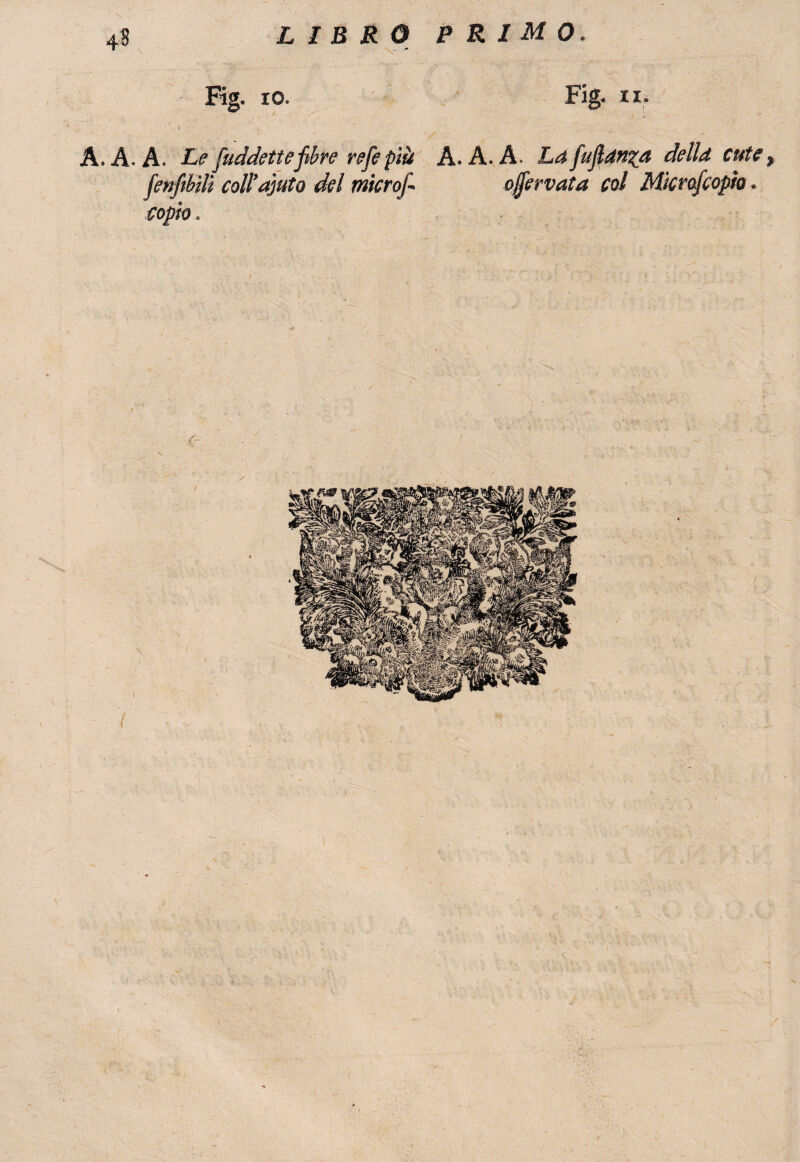 4-8 Fig. io. Fig. ii. A. A. A. Le [addettefibre refe più A. A. A. La[ufidn^a della cute [enfiali coll’ajato del microfi enervata col Mfcrcfcopto.