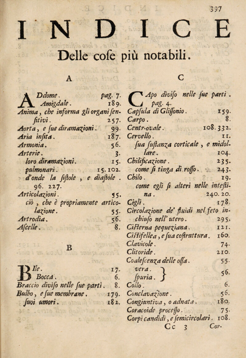 INDICE ' ■ *’• v v ' * _.* f-W t *'• **- • *• •' Delle cofe più notabili. A c A Udome. /\ Amigdale. Mg- 7- 189. nelle fue parti, V_V Mg- 4- Anima, che informa gli organi fen- Capfula di Glijfonio. iS9- fitivì. 257. G*r/?o. 8» Aorta y e fue diramatori 99. Cent r-ov ale. 108.332. Aria in [ita. 187. Cervello. 11. Armonìa, 56. fua fuflanza corticale , £ midol¬ Arterie. 3- lare, lo4. /oro diramatori, IS¬ ChìUflcazione. 235. pulmonari. IS. 102. fow? fi tìnga di roffo * . v, 24 3' donde la fifìoìe y e diamole . Chilo. 19, 96. 227. <& come egli fi alteri nelle intefli- Articolazioni. SS- na. 240. 20. ciò y che è propriamente artico¬ latone . Art rodi a* Afcelle. 5S- 56. 8. B Bile. 17. Bocca. 6. Braccio divi fa nelle fue partì. 8. ]3#$o, <?membrane. 179. y#oi « » 182,. Cigli. 178 Circolatone de9 fluidi nel feto in* chìufo nelV utero. Cilierna pequetana. Ci Hi felle a y <? y#<0 coflruttura. Clavicole. Clitoride. Coalejcenza delle offa. fpuria. J C0//0. Conclavafione. Congiuntiva y 0 adnata . Coracoide procefo. Corpi candidi y e femicircolarì. 108 Cc 3 Cor* 295 121 160 74 210 55 56 6 56 180 75