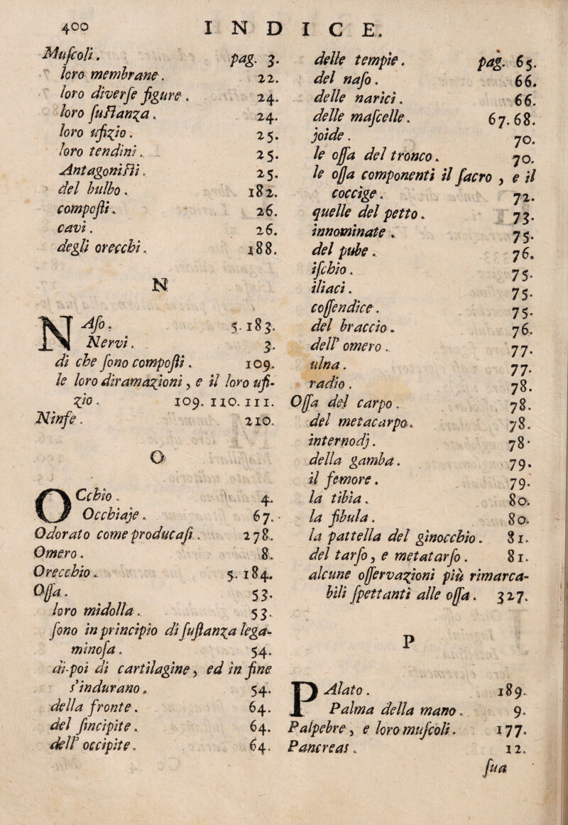 Mufcoli. P*g- 3- <&//(? tempie » del nafo. /ero membrane. 22. loro dìverfe figure » 24* delle narici. loro fu fianca. « * ^ 24* */<?//? m afe elle. loro ufizio. 25^ loro tendini, . 25* le offa del tronco AntagonìFtì.. 25- le olla componenti n/ * $fc/ bulbo » 182. coccige. compojU » • 26. qnelle del petto » cavt. 26. innominate » orecchi » 188. del pube » N . ■ * ifchio. coffendice. M Af°- IN AVm. . 5-18 3- del braccio* 3- dell' omero dS fono componi. 109. le loro diramazioni, é? i/ /oro &J?- r^/o. 37*0. 109. IIO. ni. Offa de} carpo. Ninfe. 210. del metacarpo» ::u 0cchta)e «. Odorato come producaft . Omero. Orecchio .. Offa. loro midolla » fono in principio di fuftanza lega* minofa. 54. /ii-poi di cartilagine y ed in fine f • j 7 . » 54- 67. 278. 8. 5. 184. SJ- 53* internodj. dì?//# gamba. il femore. /d fibula. /d pat fella del ginocchio . del tarfo, ^ metatarfo. alcune offervanioni più rimarca¬ teti unti alle offa. 3x7» M* 65. 66. 66. 67.68. ; 7°- 70. 72. 73* 75* 76. 75- 75- 75- 76. 77’ 77- 78. 78. 78. 78* 79. 79* 80. 80. 81. 81. s'indurano ». della fronte. del fincipite». dell’ occipite . 64. 64. 64. P Alato. Palma della mano. Palpebre 3 ? loro mujcoli. Pancreas» 189. 9» ?77> 12.