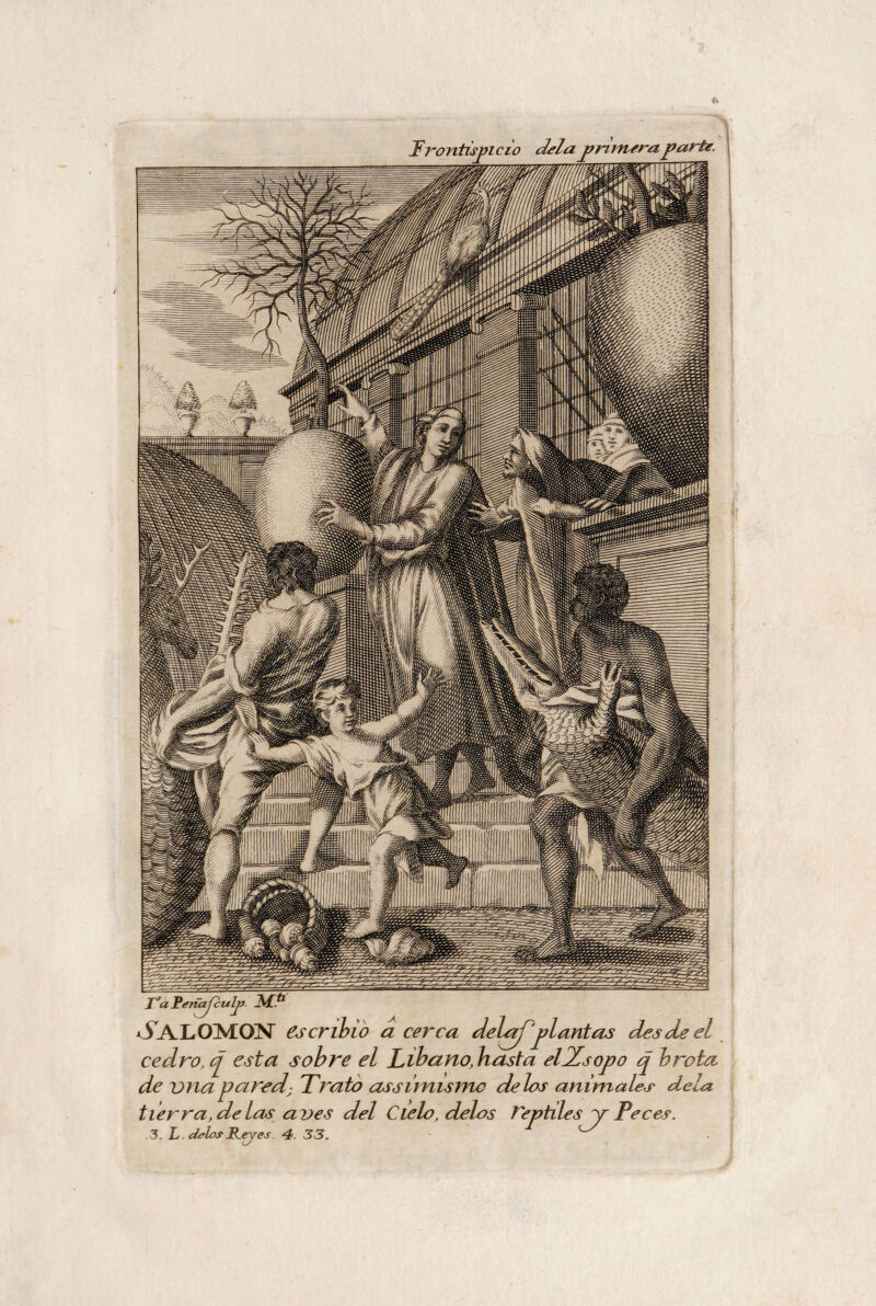 jrALrOMO>f escribió a cerca delajpl antas desde el cedro, q esta sobre el Líbano, basta ellZsopo q brota de vnapared; Trato assirnismo délos animales déla tierra, de las aves del Cielo, délos reptiles y Peces. .3. L. délos Bueyes. 4. 33.