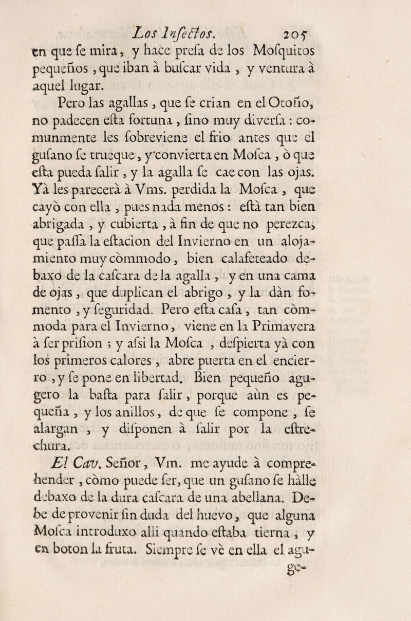 en que fe mira, y hace prefa de los Mofquitos pequeños , que iban á bufcar vida , y ventura á aquel lugar. Pero las agallas , que fe crian en el Otoño, no padecen efta fortuna , fino muy diverfa: co¬ munmente les fobreviene el frió antes que el gufano fe trueque, y‘convierta en Mofea , ó que efta pueda falir , y la agalla fe cae con las ojas. Ya les parecerá á Vms. perdida la Mofea , que cayó con ella , pues nada menos : efta tan bien abrigada , y cubierta , á fin de que no perezca, que paifa la eftacion del Invierno en un aloja¬ miento muy cómniodo, bien calafeteado de¬ bajo de la cafcara de la agalla , y en una cama de ójas, que duplican el abrigo * y la dan fo¬ mento 5 y fe gurí dad. Pero efta cafa, tan com- moda para el Invierno, viene en la Primavera a fer priíion ; y afsi la Mofea , defpierta ya con los primeros calores, abre puerta en el encier¬ ro , y fe pone en libertad. Bien pequeño agu- gero la bafta para falir, porque aun es pe¬ queña , y los anillos, de que fe compone , fe alargan , y diíponen a falir por la eftre- chura.. El Cav. Señor, Vm. me ayude á compre- hender , cómo puede fer, que un gufano fe hálle debaxo de la dura cafcara de una abellana. De¬ be de provenir fin duda del huevo, que alguna Mofea introduxo alii quando eftaba tierna , y en boton la fruta. Siempre fe ve en ella el agu*- ge-