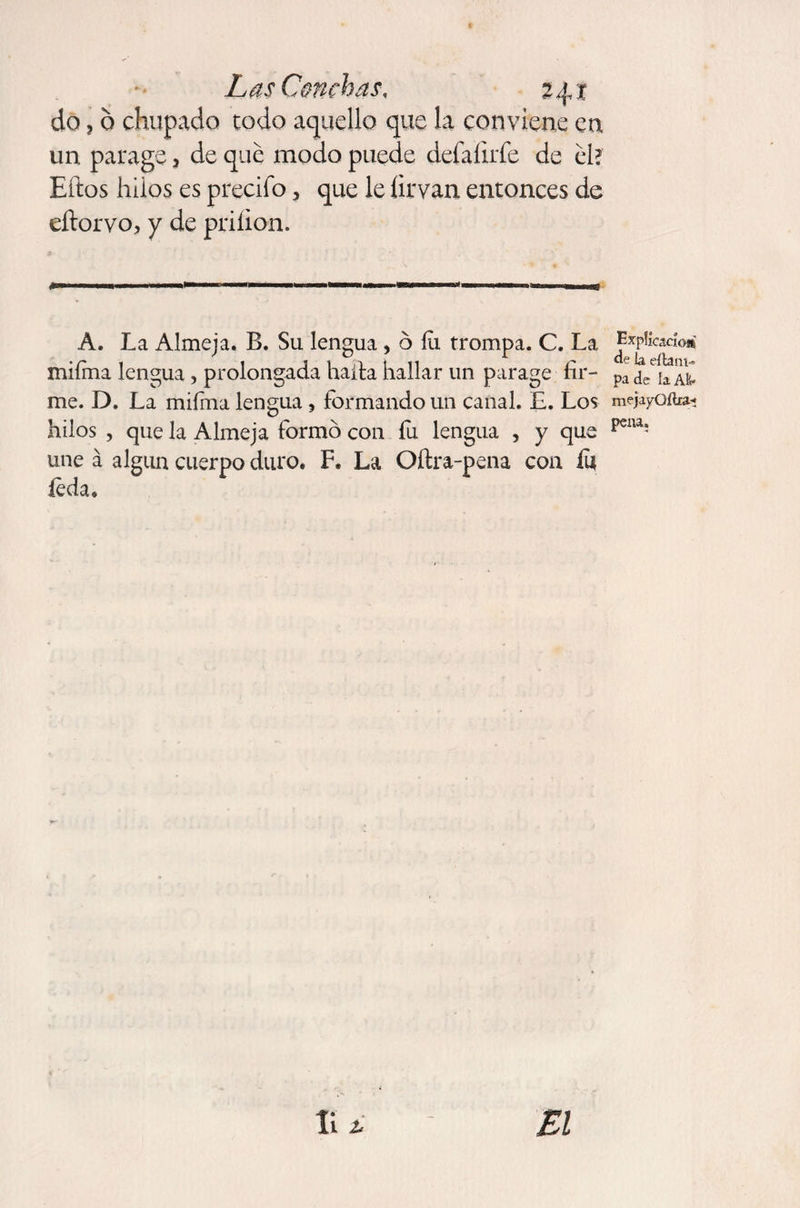 do, 6 chupado todo aquello que la conviene en un parage > de qué modo puede defalirfe de él? Ellos hilos es precifo > que le íirvan entonces de eílorvo, y de priíion. A. La Almeja. B. Su lengua , o íü trompa. C. La miíma lengua, prolongada hada hallar un parage fir¬ me. D. La mifma lengua, formando un canal. E. Los hilos , que la Almeja formo con fu lengua , y que une á algún cuerpo duro. F. La Oftra-pena coa íu Leda. Explicado» de la cilam¬ pa de la Ak mejayOilra-j pena.