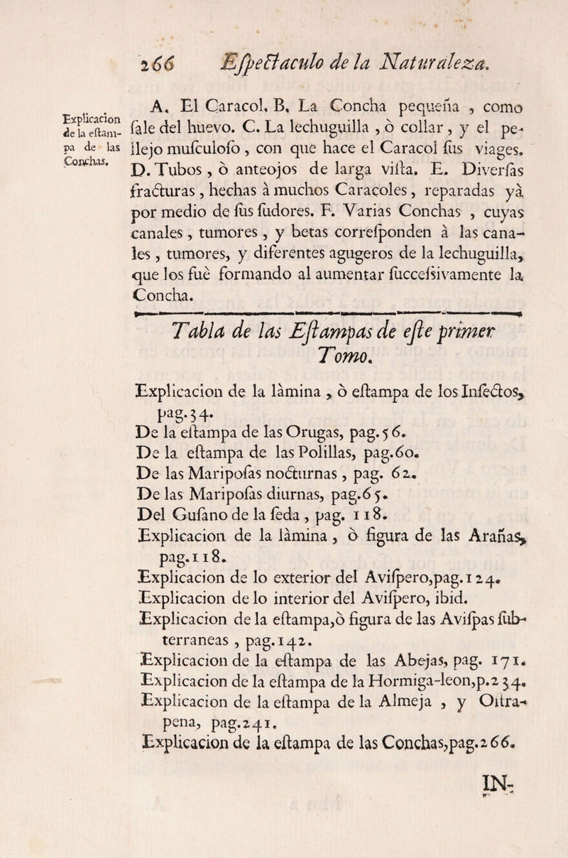 Explicación ¿e la cilam¬ pa de las Conchas. 2 66 EjpeBáculo de la Naturaleza. A, El Caracol, B, La Concha pequeña , como íale del huevo. C. La lechuguilla , ó collar , y el pe¬ llejo muículoíb , con que hace el Caracol fus viages, D. Tubos, ó anteojos de larga villa. E. Diverías frabluras, hechas á muchos Caracoles, reparadas ya por medio de ííis fudores. F. Y arias Conchas , cuyas canales, tumores, y betas correíponden á las cana¬ les , tumores, y diferentes agugeros de la lechuguilla, que los fue formando al aumentar íucceísivamente la Concha. Tabla de las Ejlampas de ejle primer Tomo. Explicación de la lamina , ó cilampa de los Iníeólos* Pag-$4* De la eílampa de las Orugas, pag. 5 6, Déla eílampa de las Polillas, pag.60. De las Maripofas nocturnas, pag. 6 2.. De las Maripoías diurnas, pag.65. Del Guíano de la íeda, pag. 118. Explicación de la lámina, ó figura de las Arañas* pag. 118. Explicación de lo exterior del Aviípero,pag.i 24. Explicación de lo interior del Aviípero, ibid. Explicación de la eílampa,ó figura de las Aviípas íiib- terraneas , pag. 142. Explicación de la eílampa de las Abejas, pag. 171. Explicación de la eílampa de la Hormiga-leon,p.2 54. Explicación de la eílampa de la Almeja , y Odra-* pena, pag.241. Explicación de la eílampa de las Conchas,pag. 2 66. IN-