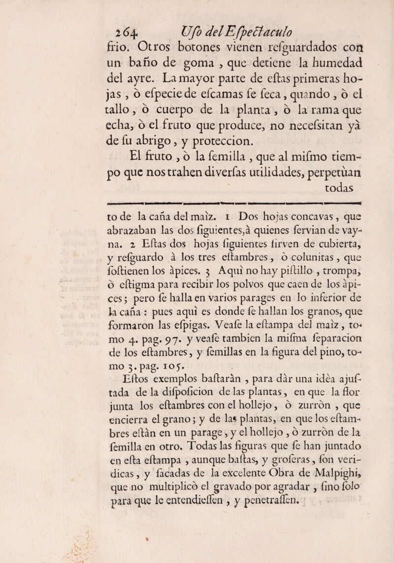 frió. Otros botones vienen refguardados con un baño de goma , que detiene la humedad del ayre. La mayor parte de eftas primeras ho¬ jas , ó efpeciede efcamas fe feca, quando , b el tallo, o cuerpo de la planta, o la rama que echa, o el fruto que produce, no necefsitan ya de fu abrigo, y protección. El fruto , o la femilla , que al mifmo tiem¬ po que nos trahen di verías utilidades, perpetúan todas i ~ir —» i i - --* r r - i 1--1 to de la cana del maíz, i Dos hojas cóncavas, que abrazaban las dos figuientes,á quienes íervian de vay- na. z Eftas dos hojas íiguientes íirven de cubierta, y reíguardo á los tres eftambres, ó colunitas, que íoftienen los ápices. 3 Aquí no hay piftillo , trompa, ó eftigma para recibir los polvos que caen de los ápi¬ ces ; pero íe halla en varios parages en lo inferior de la caña : pues aquí es donde íe hallan los granos, que formaron las eípigas. Veaíe la e(lampa del maíz, to« mo 4. pag. 97. y veaíe también la miíma íeparacion de los eftambres, y ternillas en la figura del pino, to¬ mo 3. pag. 105. Eftos exemplos bailarán , para dár una idea ajuft tada de la diípoficion de las plantas, en que la flor junta los eftambres con el hollejo, ó zurrón , que encierra el grano; y de las plantas, en que los eftam¬ bres eftán en un parage, y el hollejo , ó zurrón de la femilla en otro. Todas las figuras que íe han juntado en efta eftampa , aunque bailas, y groíeras, fon verí¬ dicas , y lacadas de la excelente Obra de Malpighi, que no multiplicó el gravado por agradar , fino íolo para que le entendieífen , y penetraífen.